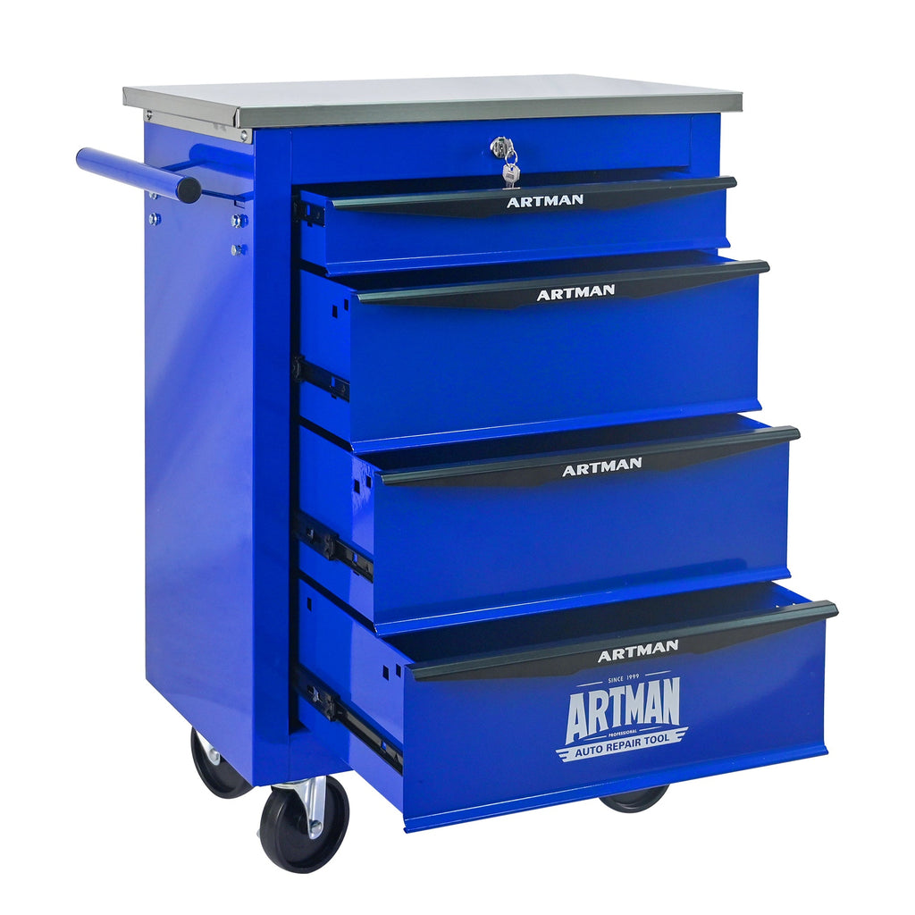 4 Drawers Multifunctional Tool Cart with Wheels,Metal Rolling Tool Cart Storage for Garage Workshop Warehouse Repair Shop--With  Stainless Steel Roof- BLACK&BLUE