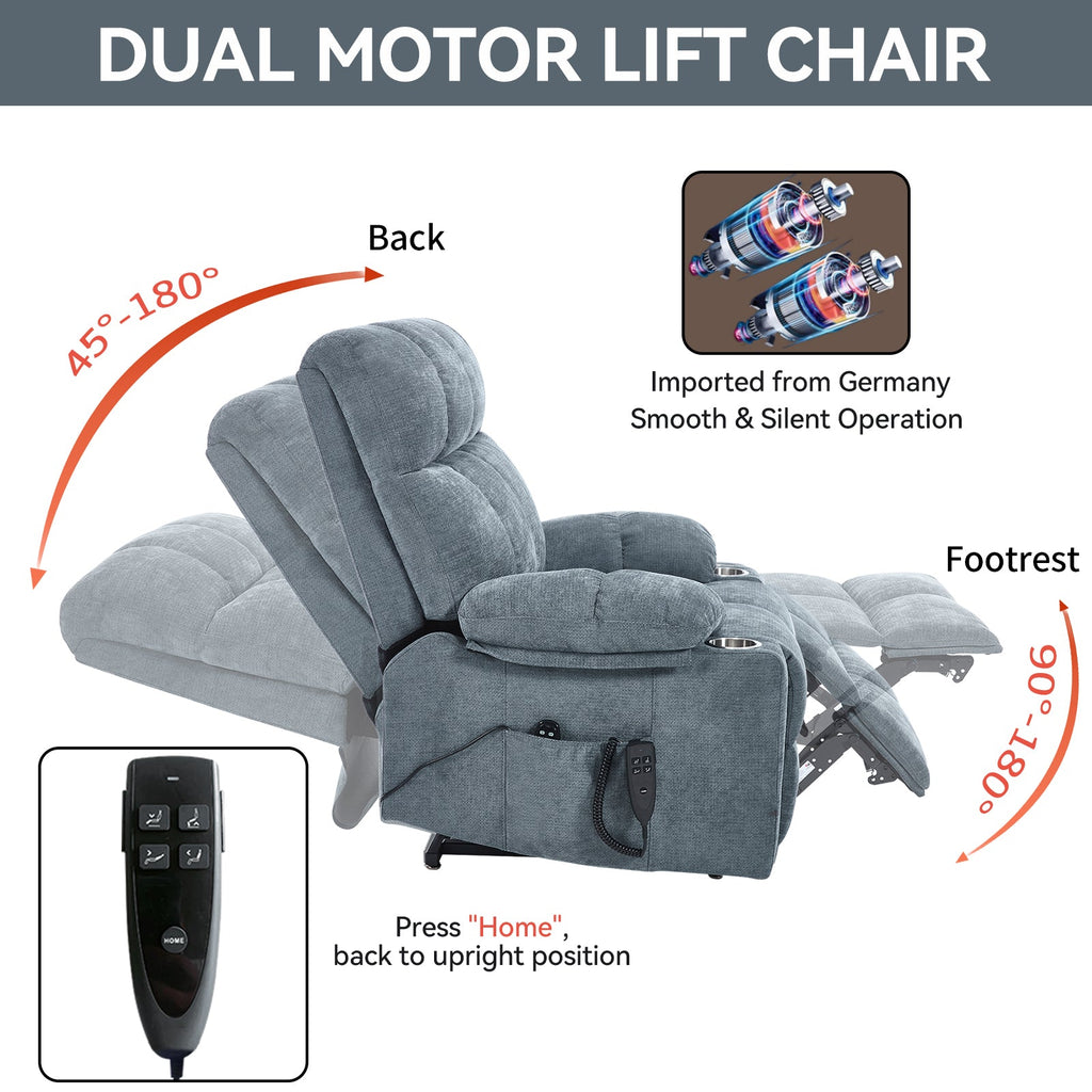 Grey Dual Motor Infinite Position Up to 350 LBS Chenille Power Lift Recliner Chair, Heavy Duty Motion Mechanism with 8-Point Vibration Massage and Lumbar Heating, Dual Cup Holders