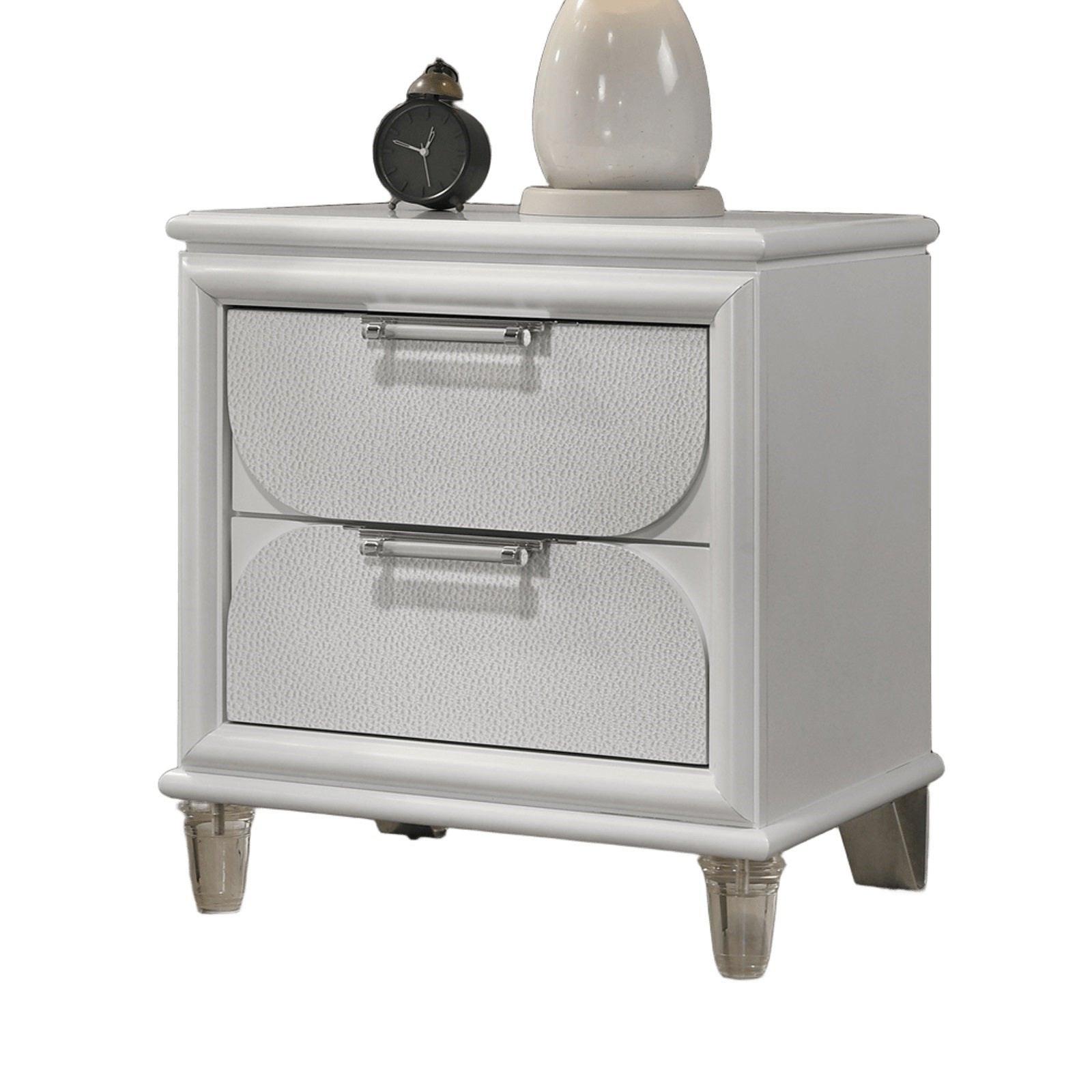 Contemporary Glam Pearl White Full Size Bed W Trundle 2x Nightstands Embossed Panel 3pc Bedframe Bedroom Furniture