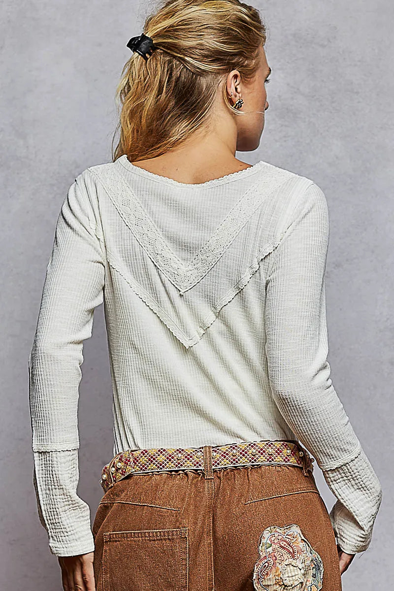 POL Ribbed Half Button Lace Detail Knit Top