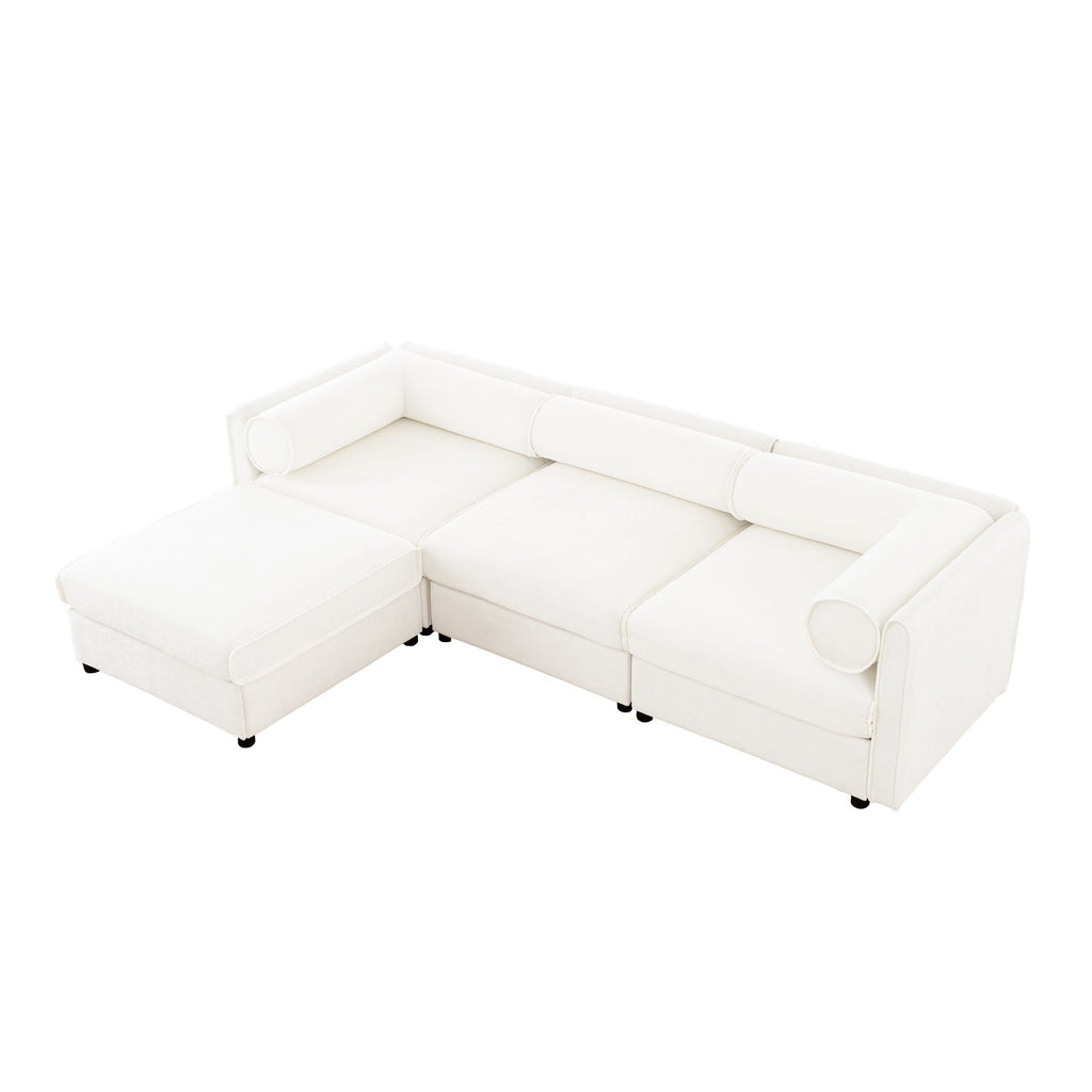 Elegant White Chenille  Sofa with Storage Seat and Ottoman, L-Shaped 3-Seater Cylindrical Backrest and Armrests, Contemporary 3-Seater Fabric Couch with Hidden Storage Compartment