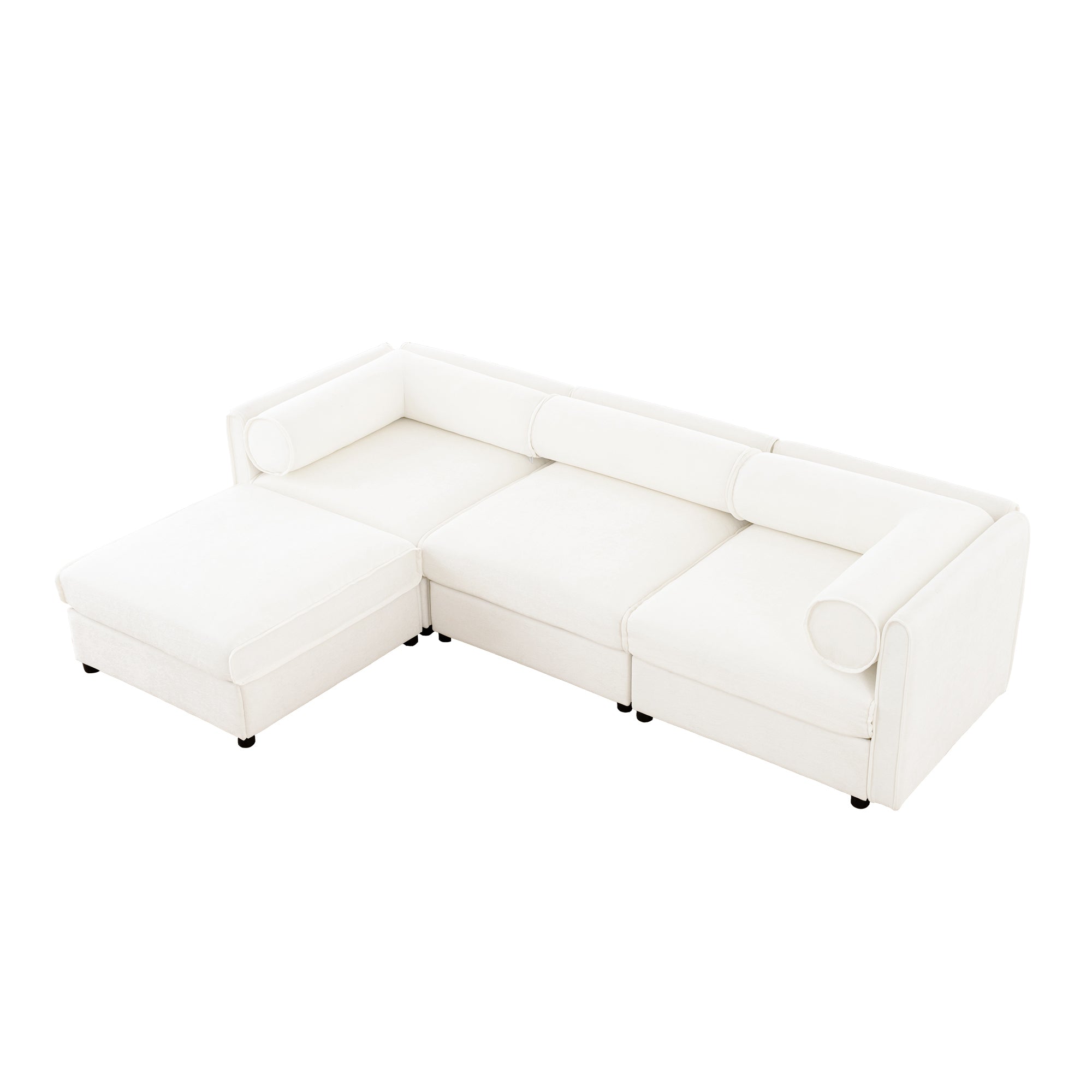 Elegant White Chenille  Sofa with Storage Seat and Ottoman, L-Shaped 3-Seater Cylindrical Backrest and Armrests, Contemporary 3-Seater Fabric Couch with Hidden Storage Compartment