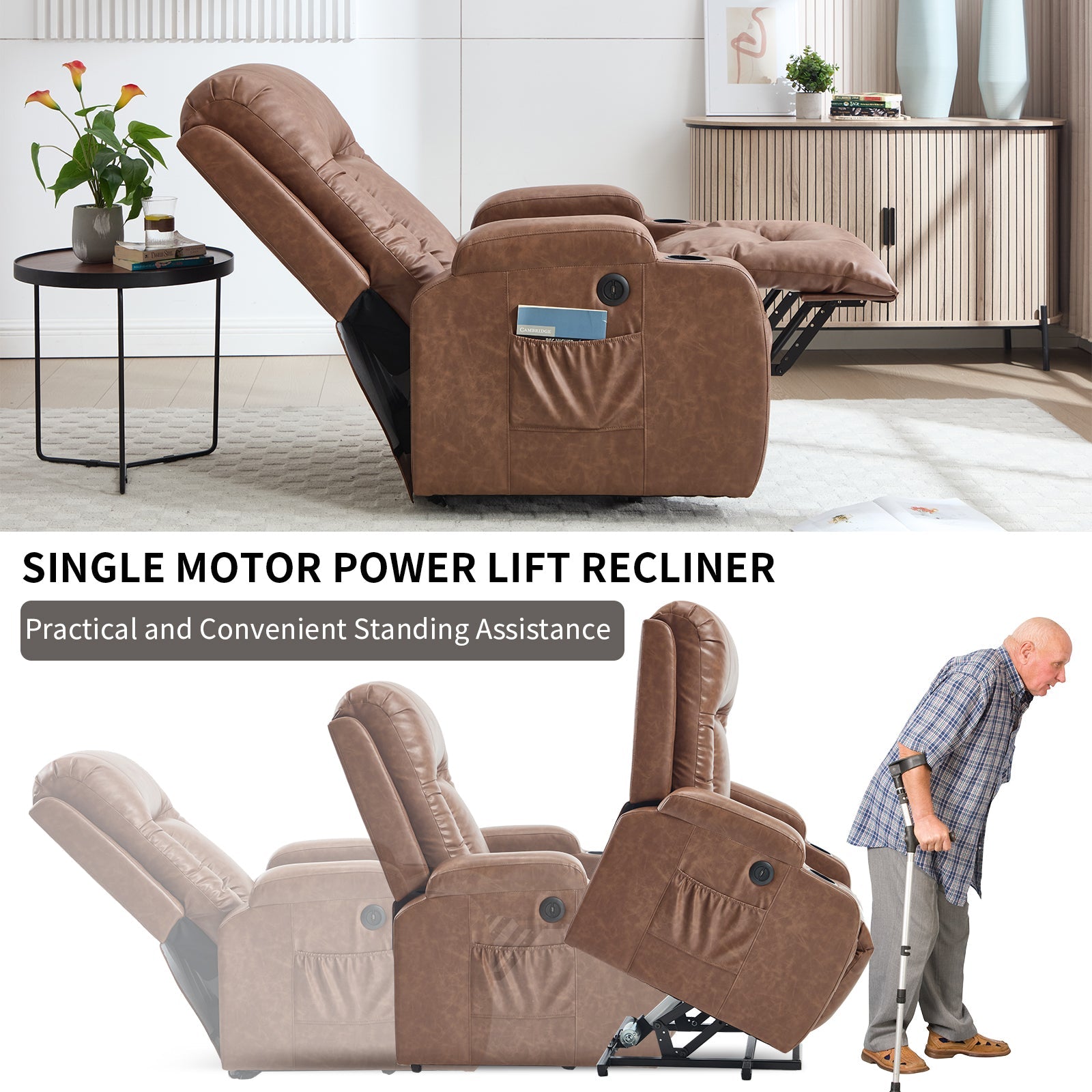 Brown PU Infinite Position Up to 350 LBS Power Lift Recliner Chair for Elderly, Heavy Duty Motion Mechanism with 8-Point Vibration Massage and Lumbar Heating, USB Charging Port, Cup Holders