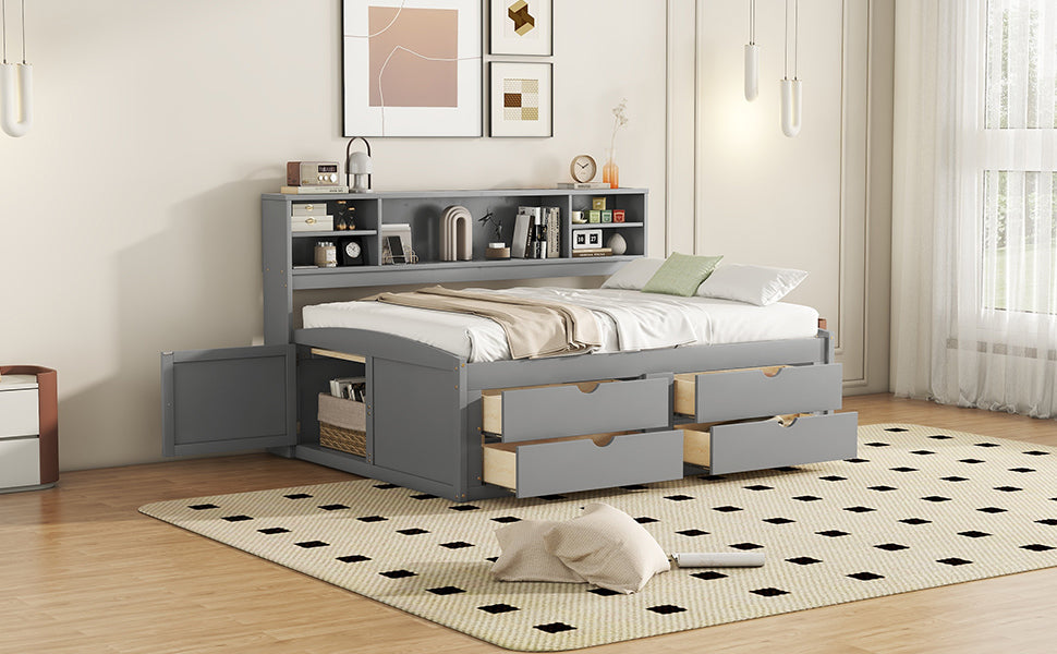 Full Size Wood Daybed with 2 Bedside Cabinets, Upper Shelves and 4 Drawers, Gray