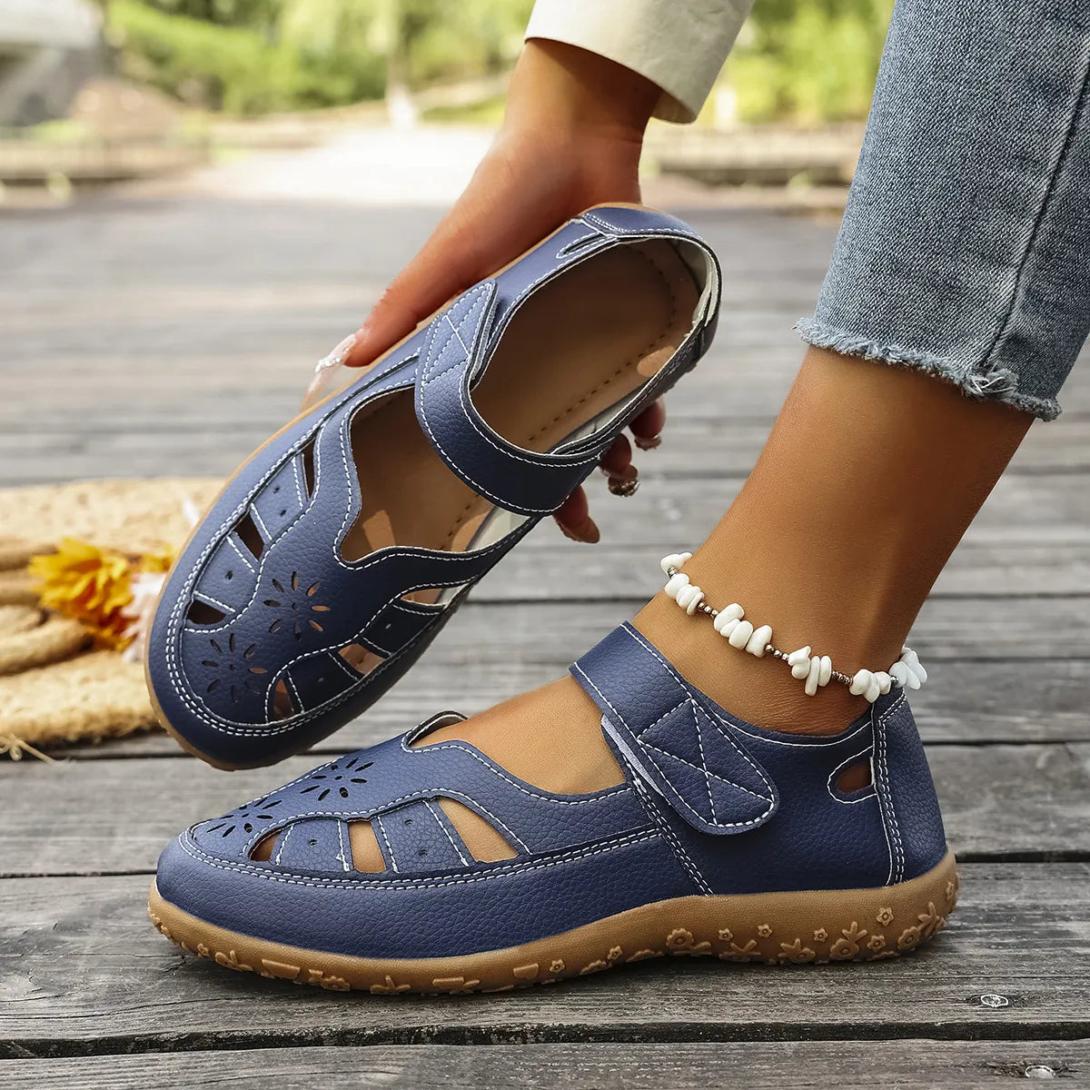 Cutout Velcro Straps Sandals