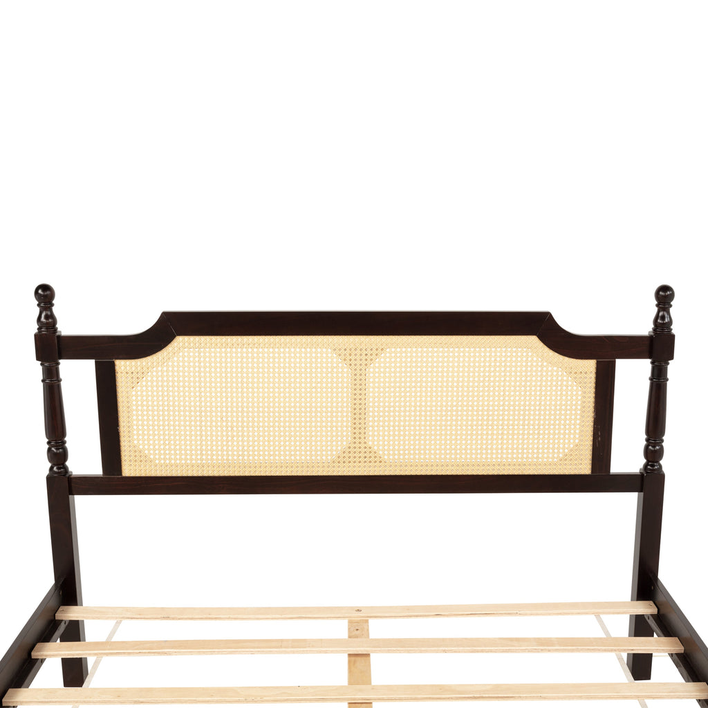 Queen Pine wooden Bed with Rattan Headboard  and Footboard, with  Central Enhanced Bed Platform ,Espresso