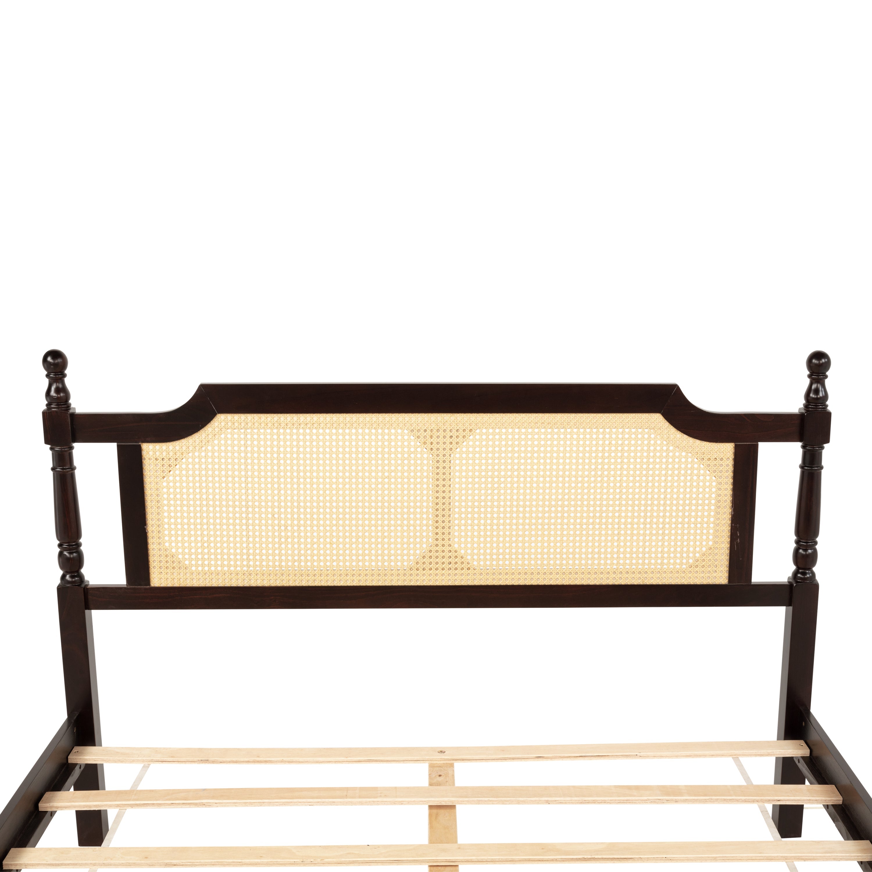 Queen Pine wooden Bed with Rattan Headboard  and Footboard, with  Central Enhanced Bed Platform ,Espresso