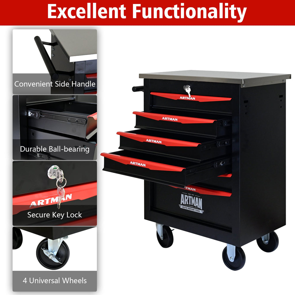 6-Drawer Multifunctional Tool Cart with Wheels, Metal Rolling Tool Cart Storage for Garage Workshop Warehouse Repair Shop - with Stainless Steel Roof - Black & Red