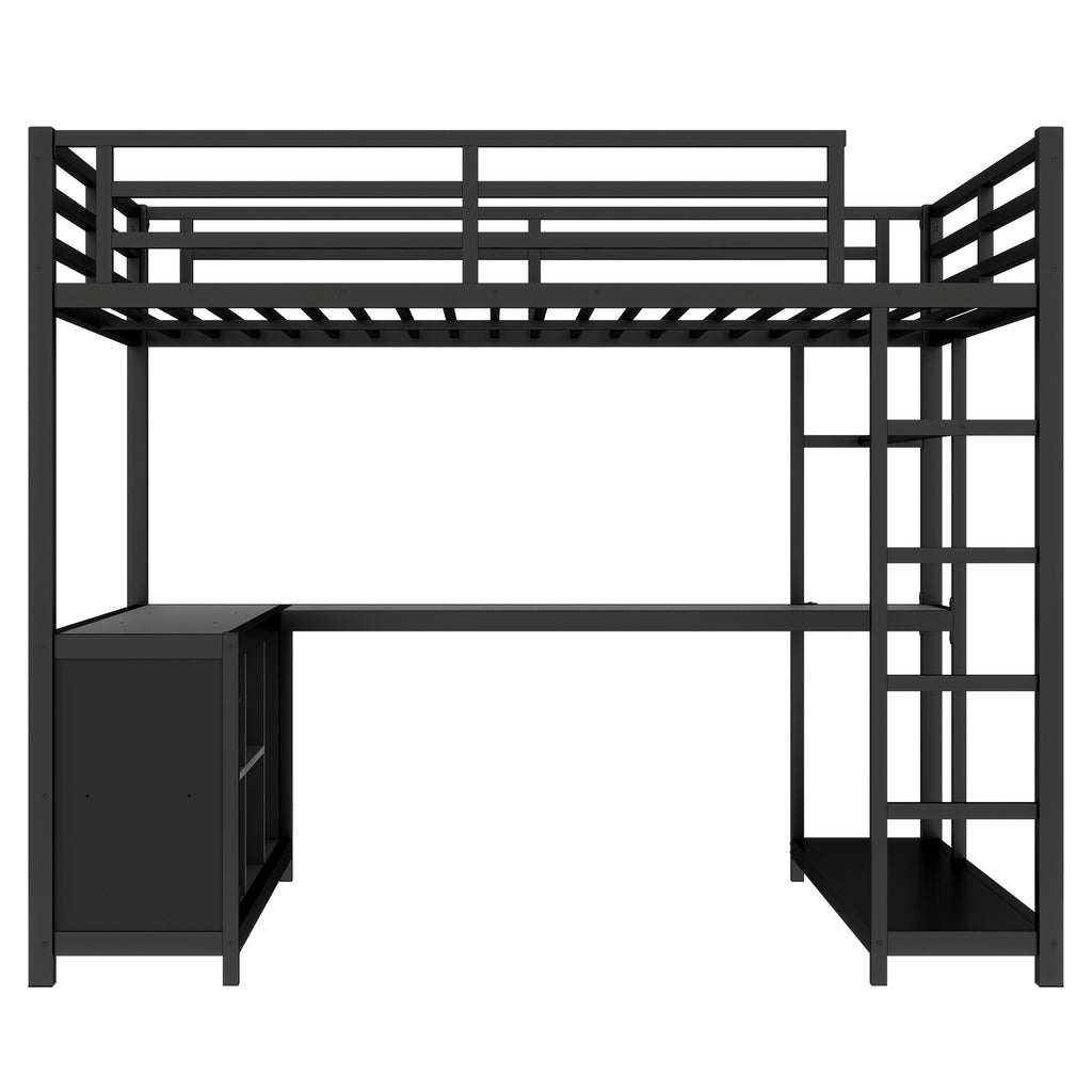 Metal Loft Bed with Wardrobe and L-shaped Desk, Full Size Loft Bed with Storage Cubes and Shelves, Loft Bed for Kids Teens Adults, Black