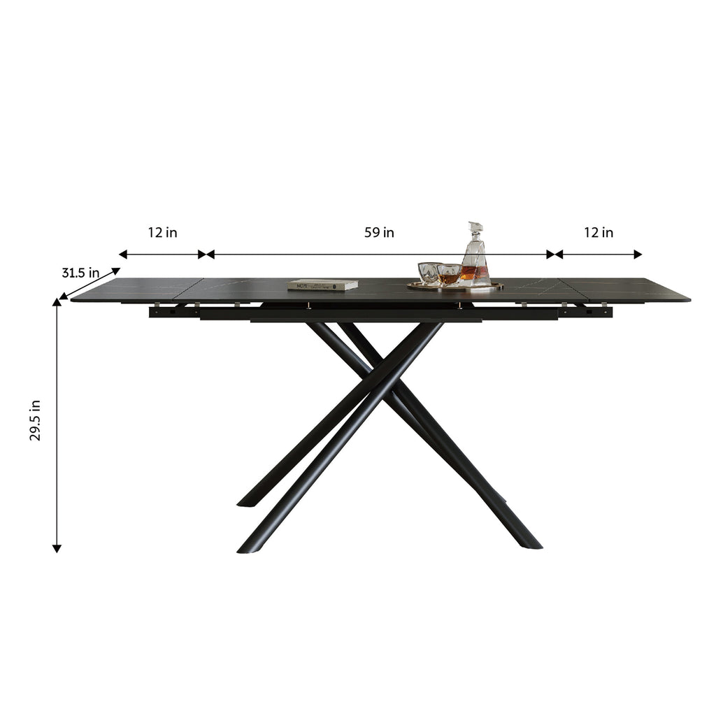 Modern Retractable Sintered Stone Dining Table with Black Carbon Steel Legs, 83 Inches for 6-8 Seats