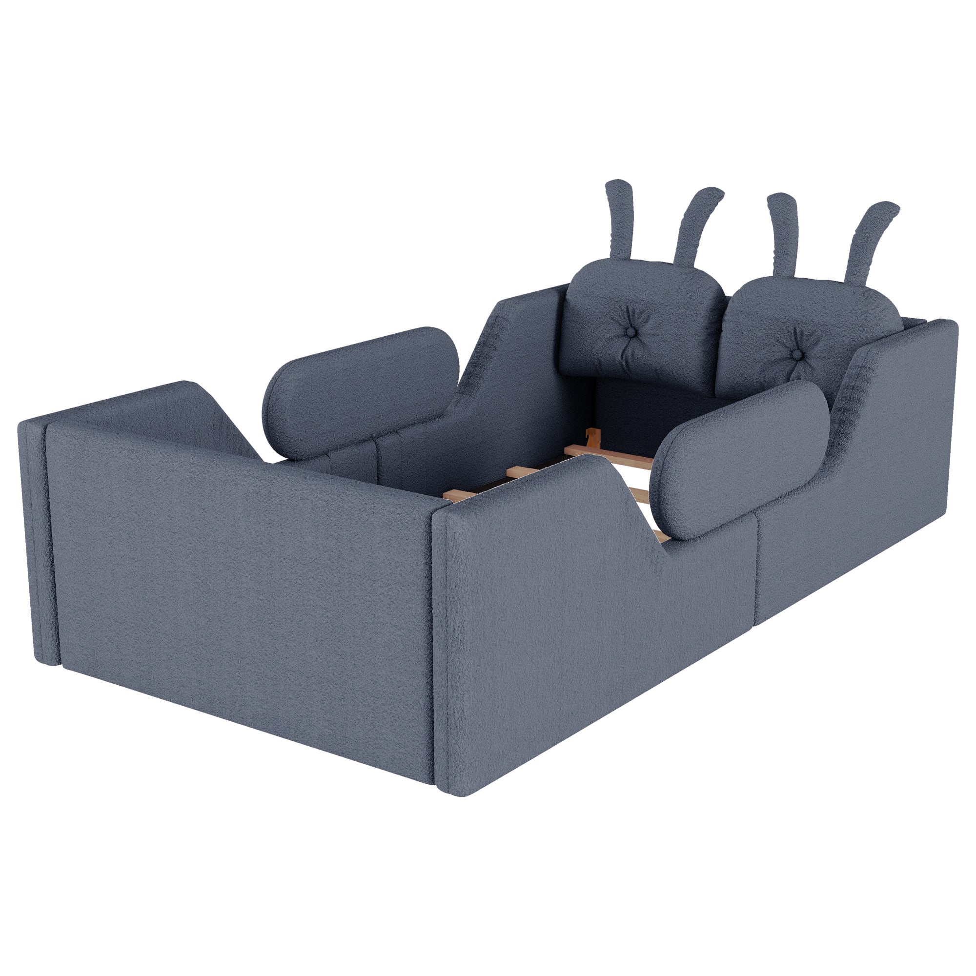 Twin Size Upholstered Platform Bed with Rabbit Cushion, Kids Floor Upholstered Bed with Removable Side Rails, Gray(Expect Arrival Date 2025/1/15)
