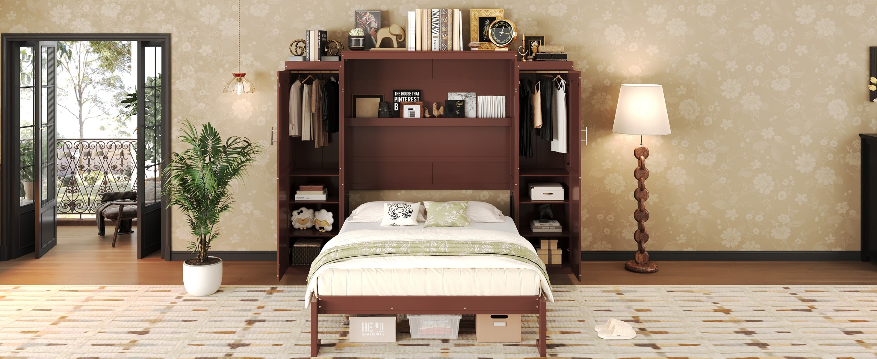 Full Size Murphy Bed, Wooden Full Wall Bed with 2 Wardrobe and Storage Shelf, Multifunctional Foldable Platform Bedframe for Guest-Room, Bedroom, Walnut