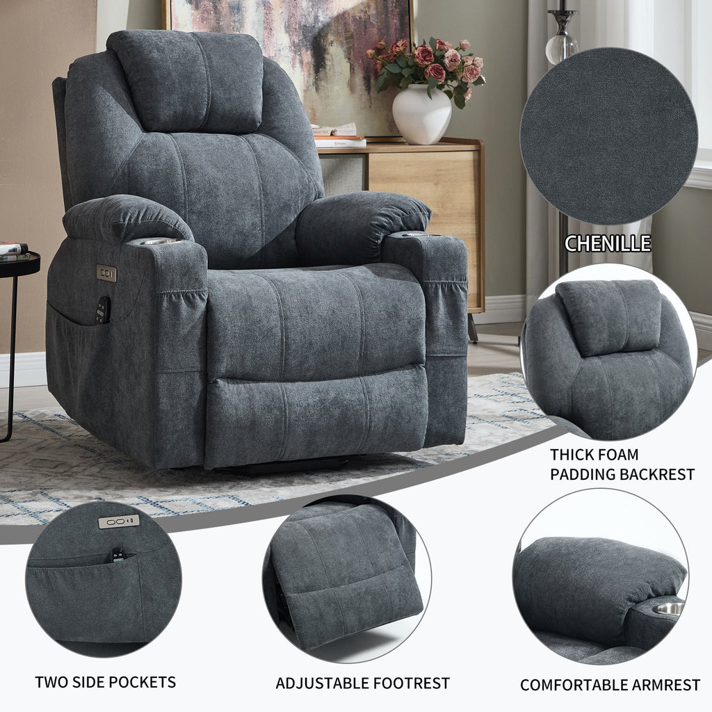 Up to 350 LBS polyester Power Lift Recliner Chair, Heavy Duty Motion Mechanism with 8-Point Vibration Massage and Lumbar Heating, USB and Type-C Ports, Stainless Steel Cup Holders, Grey