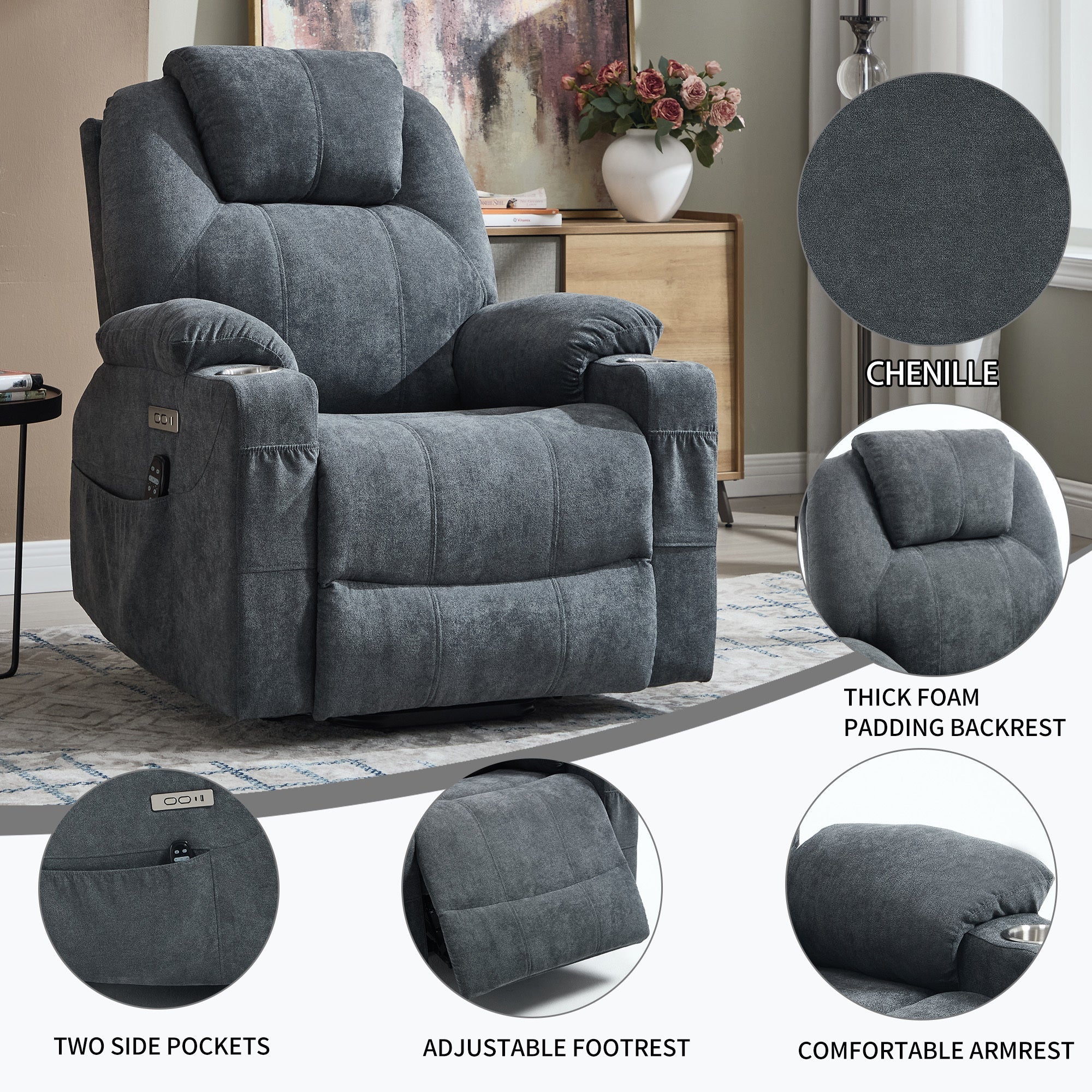 Up to 350 LBS polyester Power Lift Recliner Chair, Heavy Duty Motion Mechanism with 8-Point Vibration Massage and Lumbar Heating, USB and Type-C Ports, Stainless Steel Cup Holders, Grey