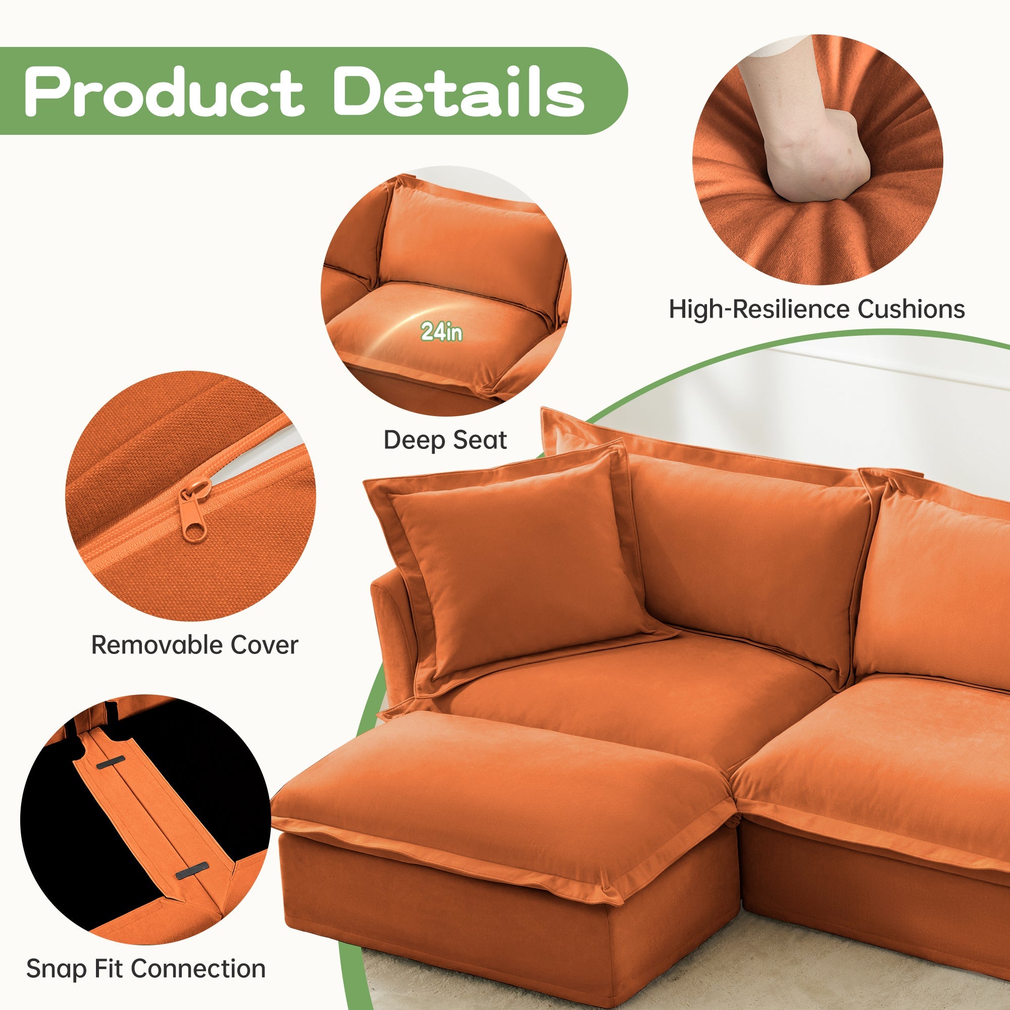 Slip-covered Armchair with 1 Big Back Cushion and 2 Big Toss Pillows, Single Deep Seat Comfy Single Couch Sofa Multiple Large Soft Pillows, Chenille Fabric, Orange