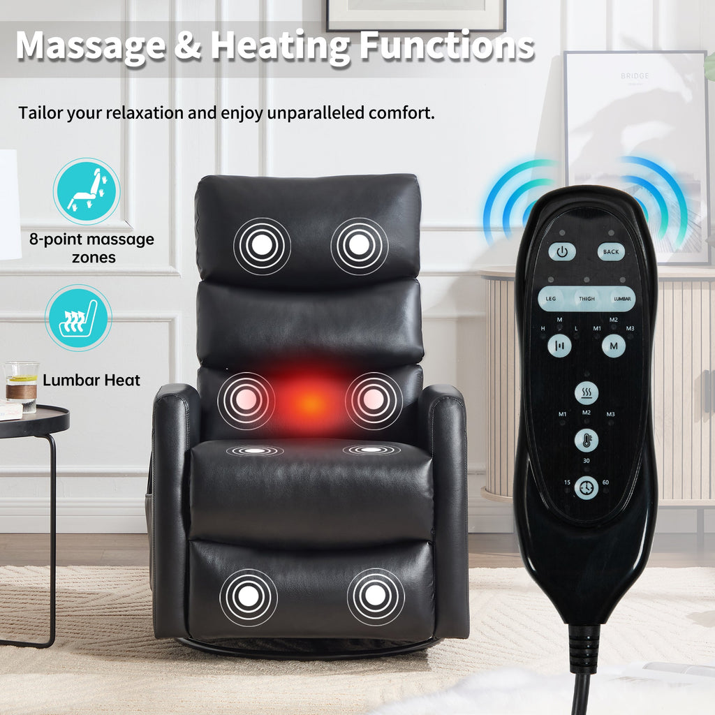 Heat Massage Manual Recliner Chair with Rocker and Swivel in Fabric for Living Room, Black