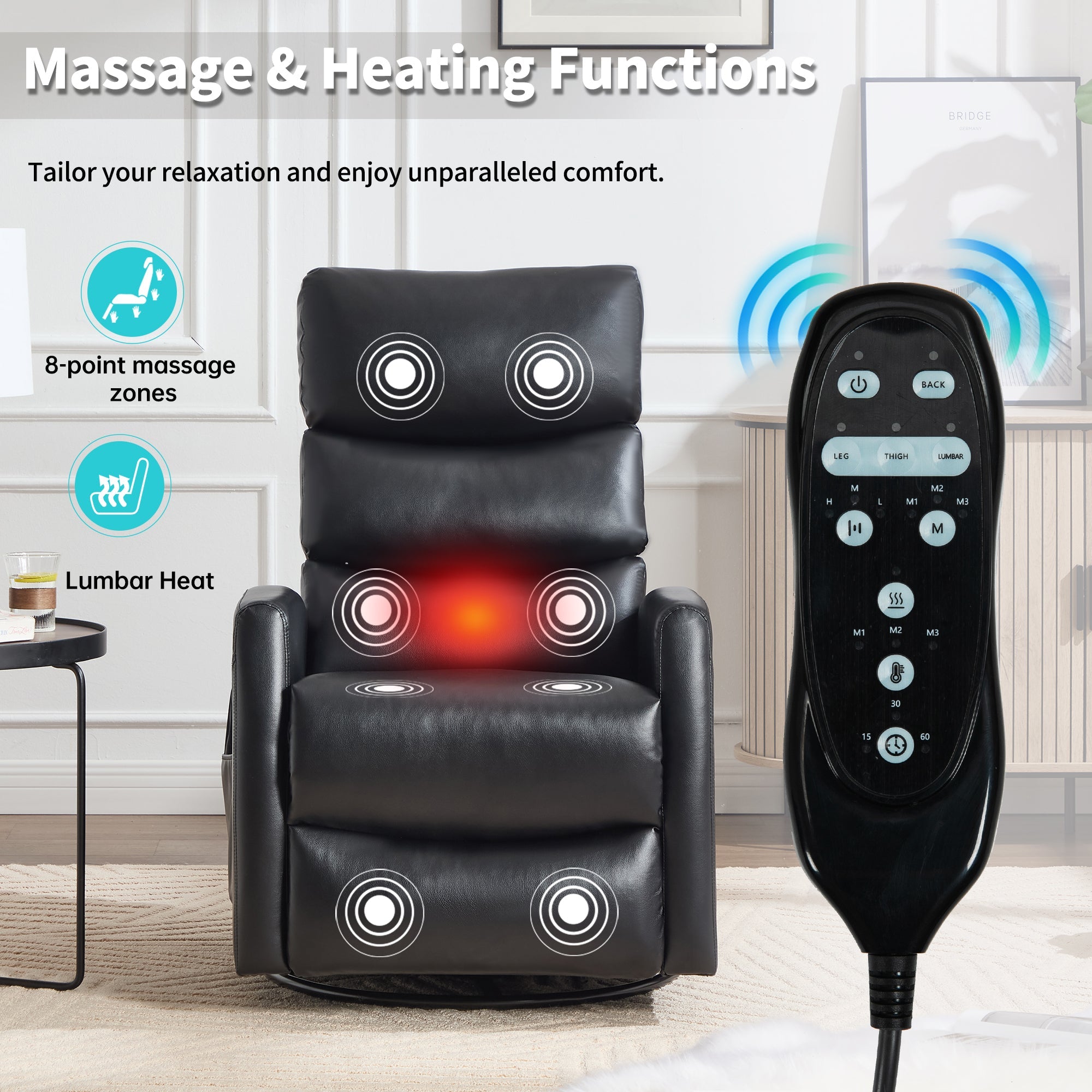 Heat Massage Manual Recliner Chair with Rocker and Swivel in Fabric for Living Room, Black