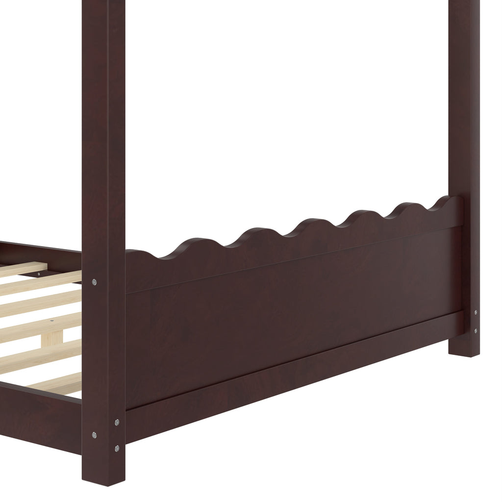 Full House Floor Bed with Support Slats, Solid Wood House Bed Frame for Kids, No Box Spring Needed and Opening Constructure, Espresso