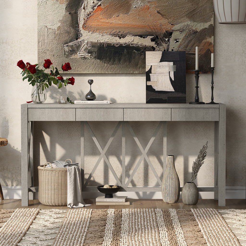 U_Style 60''Acacia Veneer Console Table with 4 Spacious Drawers, Modern Crisscross Design Entryway Table with Open Bottom Storage,Farmhouse Sofa Table for Living Room,Kitchen,Dining Room,Hallway
