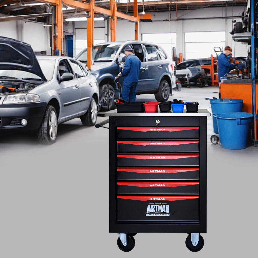 6-Drawer Multifunctional Tool Cart with Wheels, Metal Rolling Tool Cart Storage for Garage Workshop Warehouse Repair Shop - with Stainless Steel Roof - Black & Red