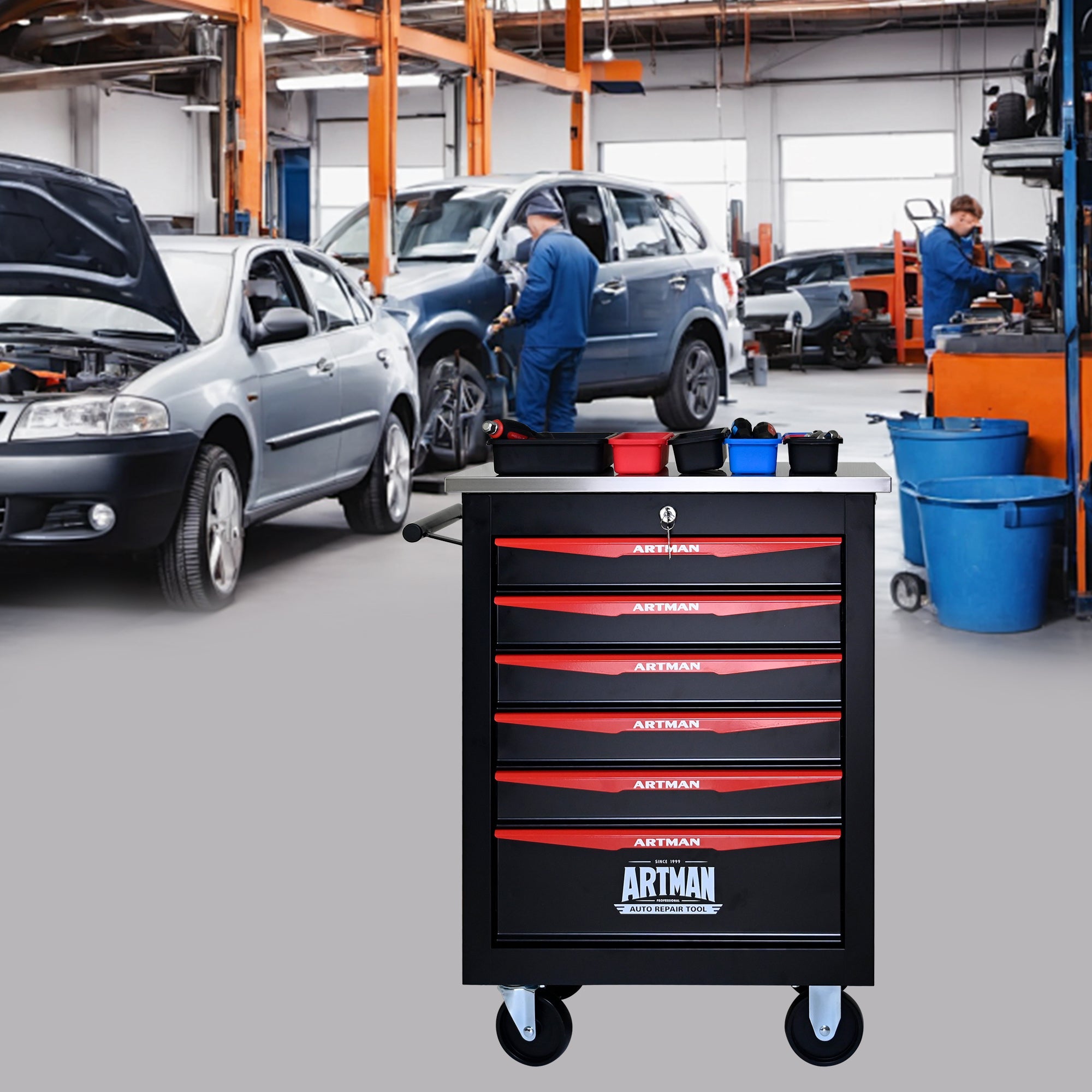 6-Drawer Multifunctional Tool Cart with Wheels, Metal Rolling Tool Cart Storage for Garage Workshop Warehouse Repair Shop - with Stainless Steel Roof - Black & Red