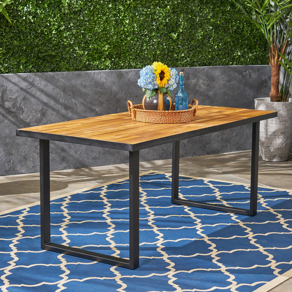 Outdoor Dining Table with U Shape Legs and Slat Top Table, Teak