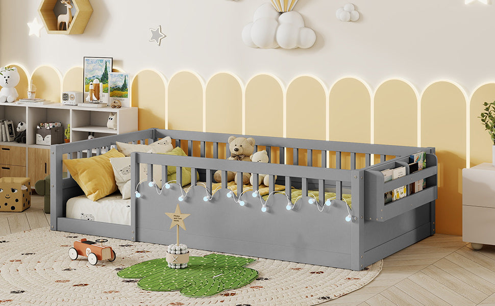 Twin Montessori Floor Bed Frame with High Rails, Wood Kids Floor Beds with Light and Storage Shelf, Gray (Expect Arrival Date 2025/8/15)