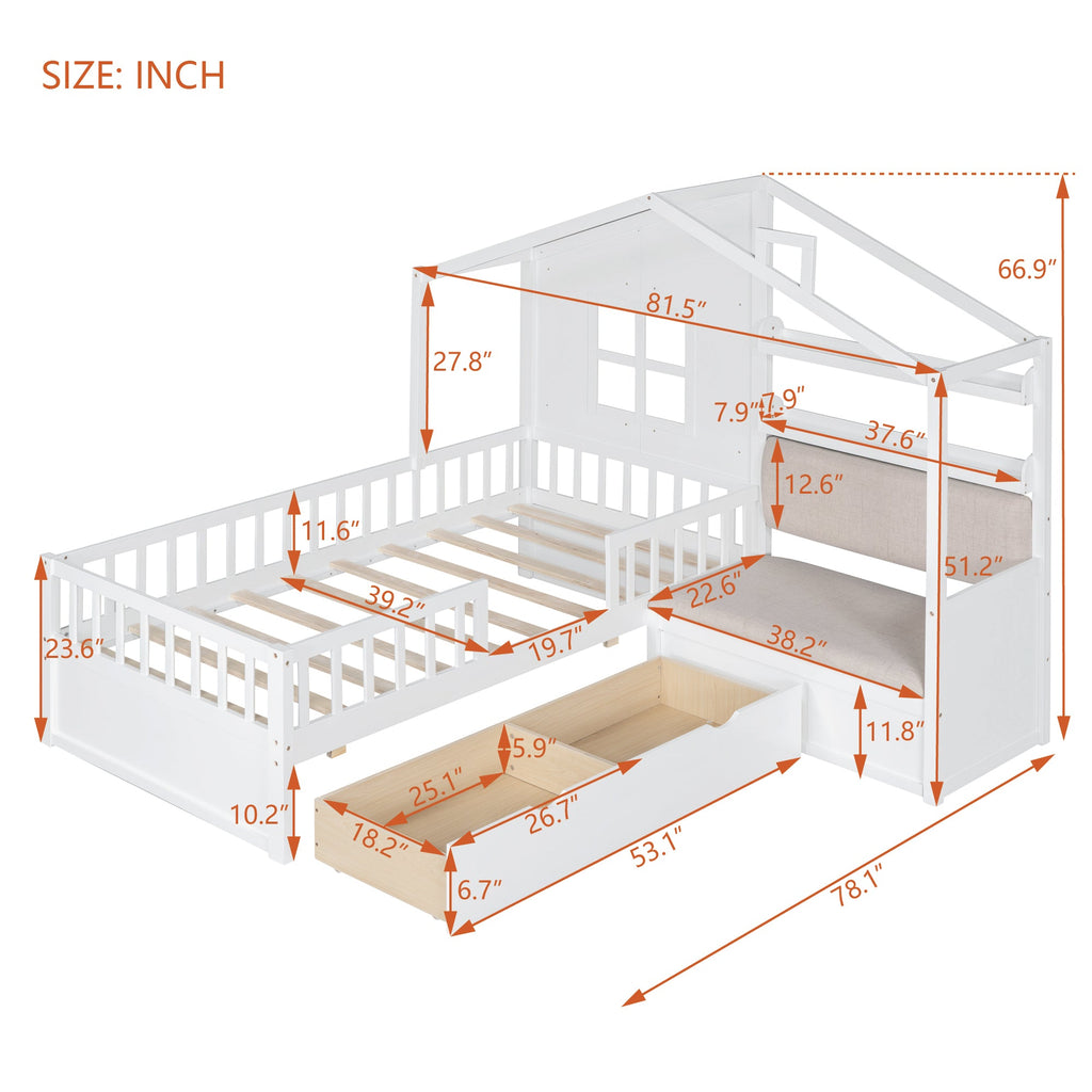 Twin Size House Bed with Sofa, Kids Platform Bed with Two Drawers and Storage Shelf, White (Old SKU:HL000065AAK)
