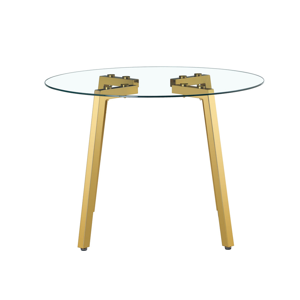 Modern minimalist style circular transparent tempered glass table, tempered glass tabletop, golden metal legs, suitable for kitchen, dining room, and living room, 42 '* 42' * 29.5 '1123r