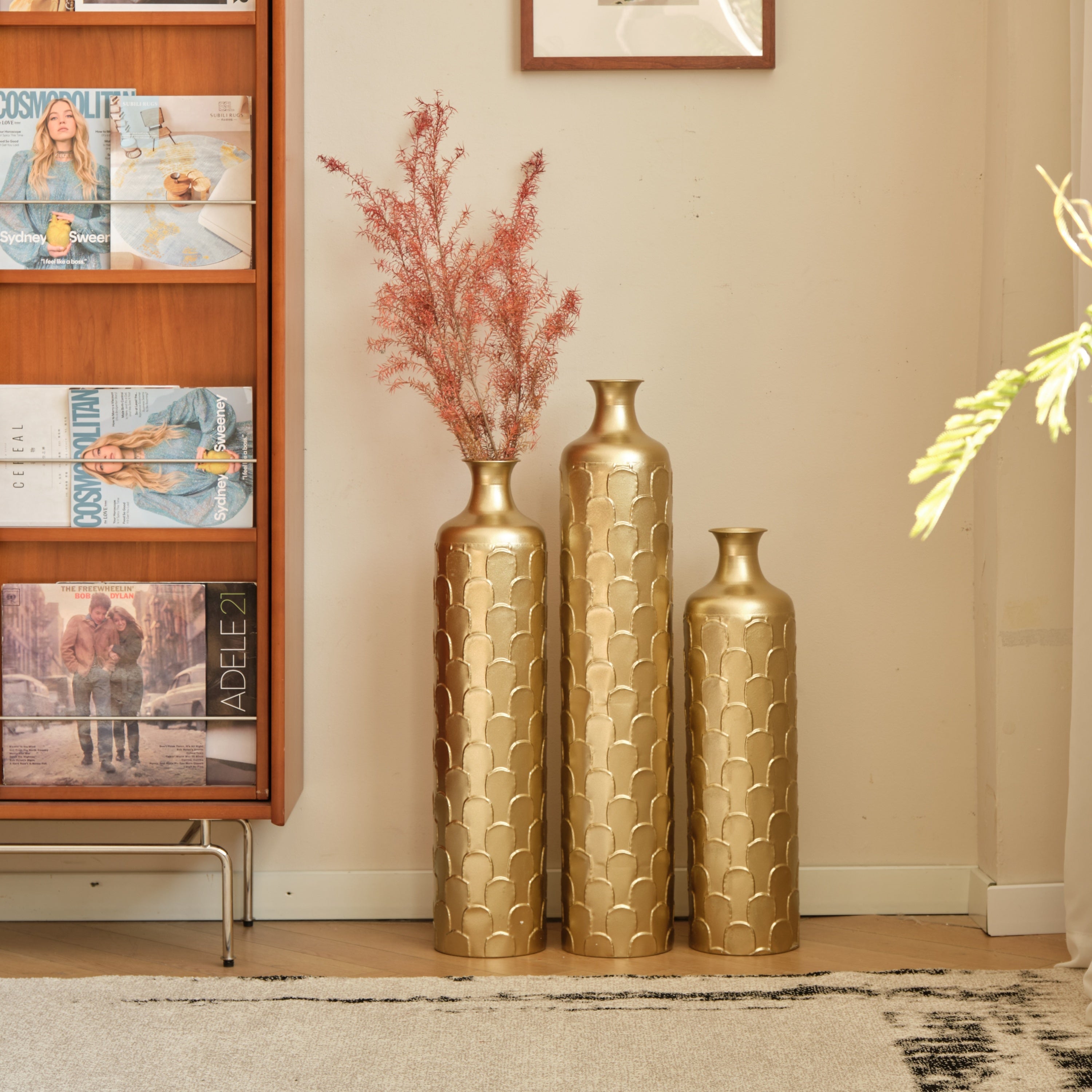 Floor Metal Vases Decorated White Metal Vases Set of 3 Gorgeous Home Decoration Large Glazed Metal Vases 25.2in/29.33in/34.25in Height
