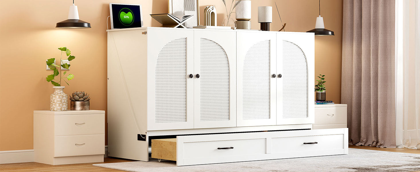 Queen Size Murphy Bed with Large Drawers, White