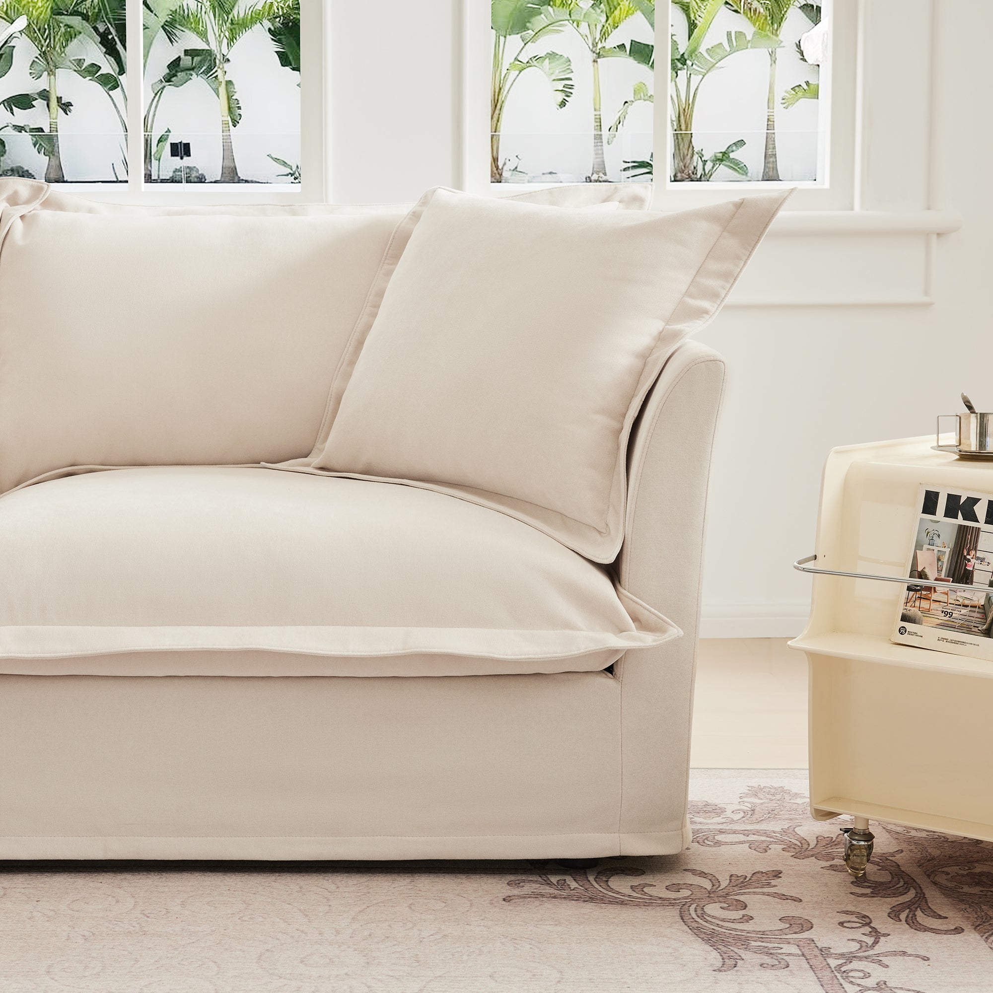 Slipcovered Sofa 2 Seater Sofa    With 2 Ottomans, 2 Seater Sleeper Sofa Bed Home Theater Oversized Sofa For Living Room, Chenille, Cream
