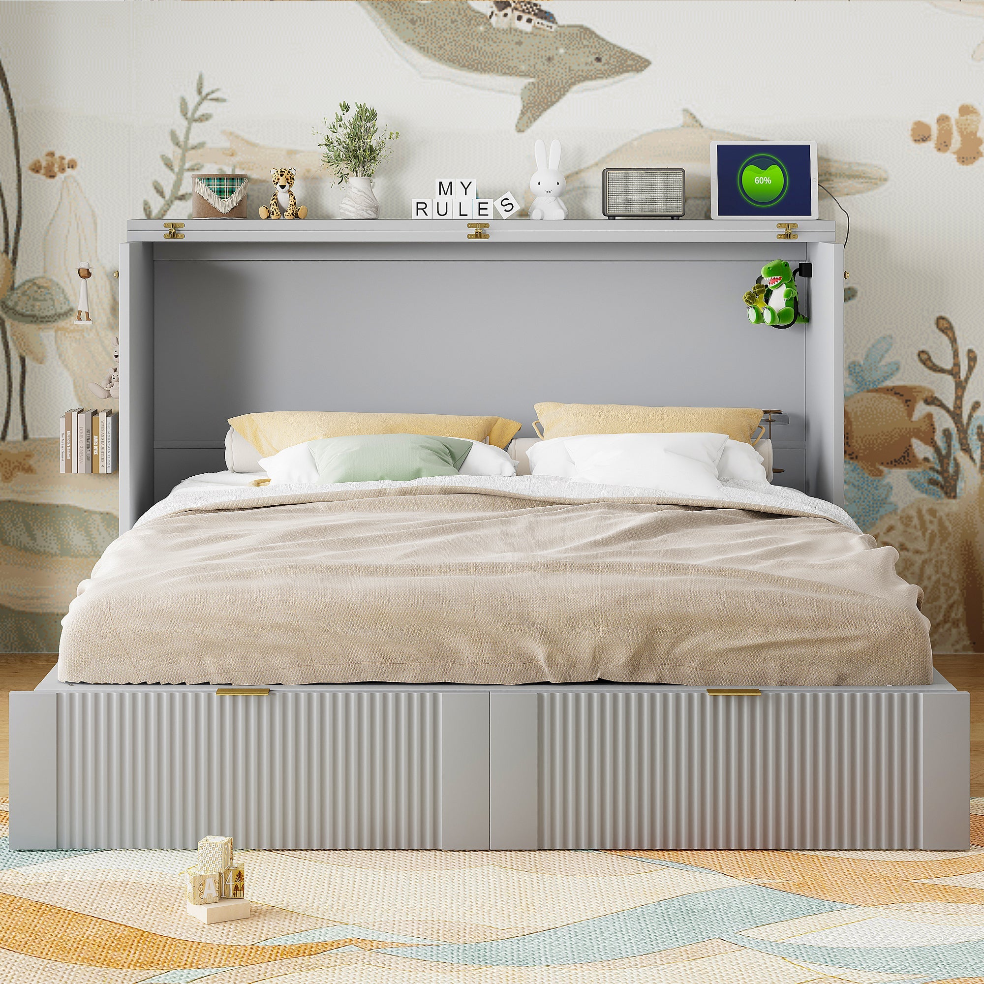 Queen Size Murphy  Bed with drawer and a set of Sockets & USB Ports, Pulley Structure Design, Gray