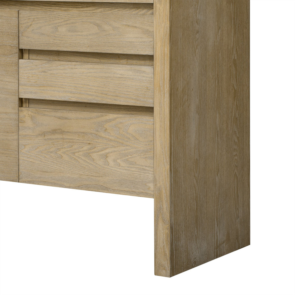 U_Style 60' 3-Door Sideboard with 3 Drawers - Modern Solid Ash Veneer MDF Sideboard, Semi-Open Shelf & Center Semi-Circular Cutout in Back Panel, Large Storage Cabinet for Living Room, Hallway, Dining