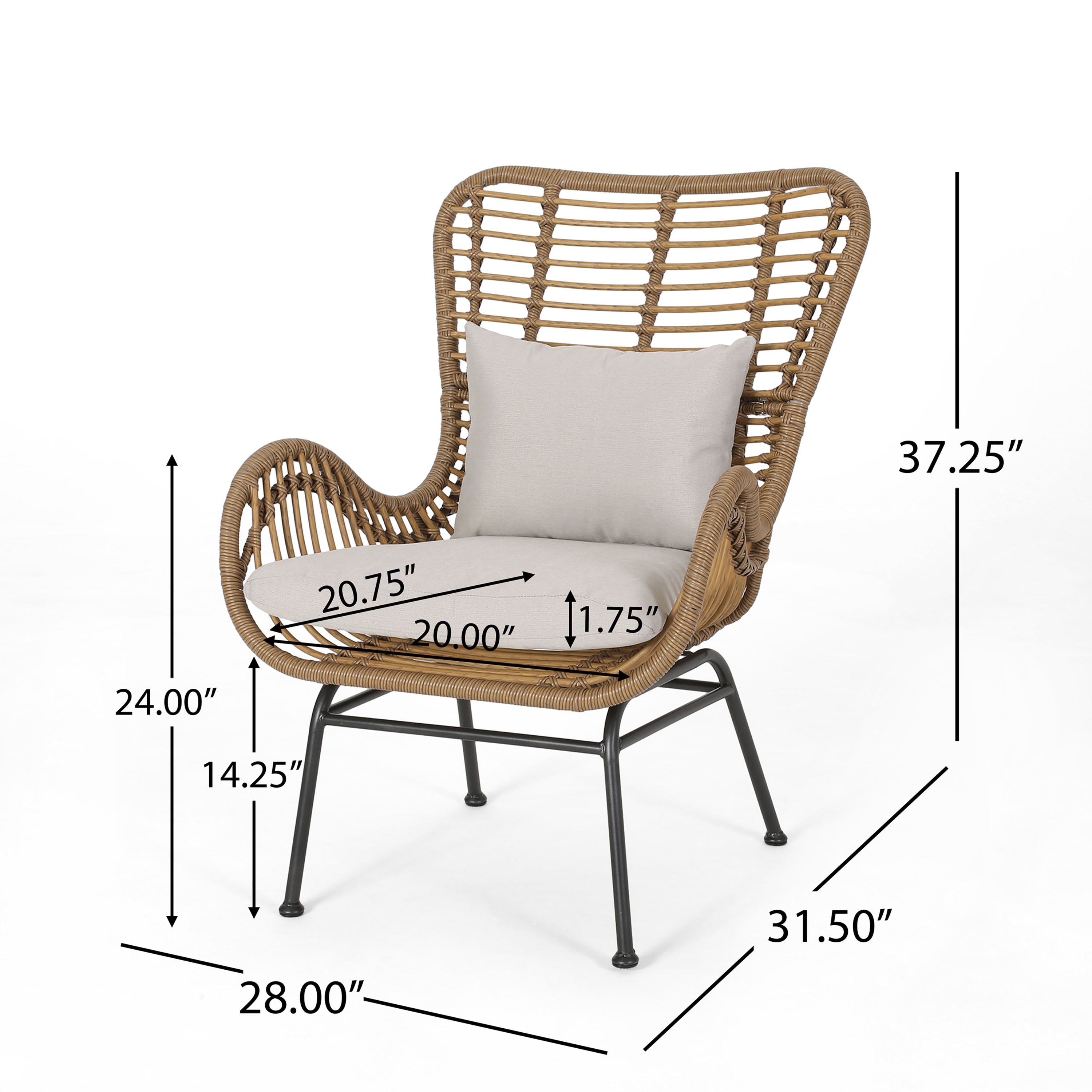 Outdoor Rattan Accent Chair with metal Legs, Brown