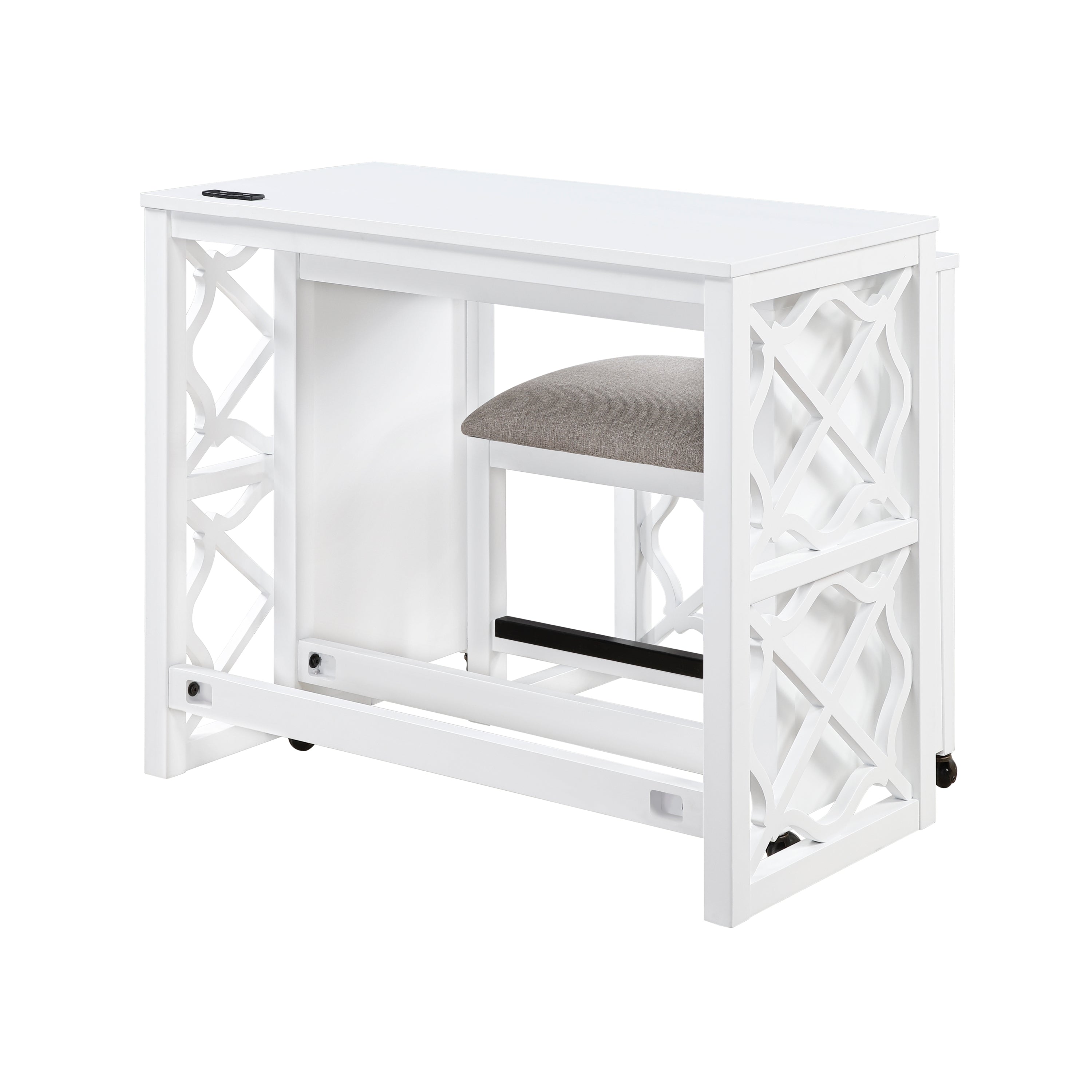 Desks and Stool Set 3pc White Finish Rolling Desk with Casters, 2 Charging ports Home Office Furniture
