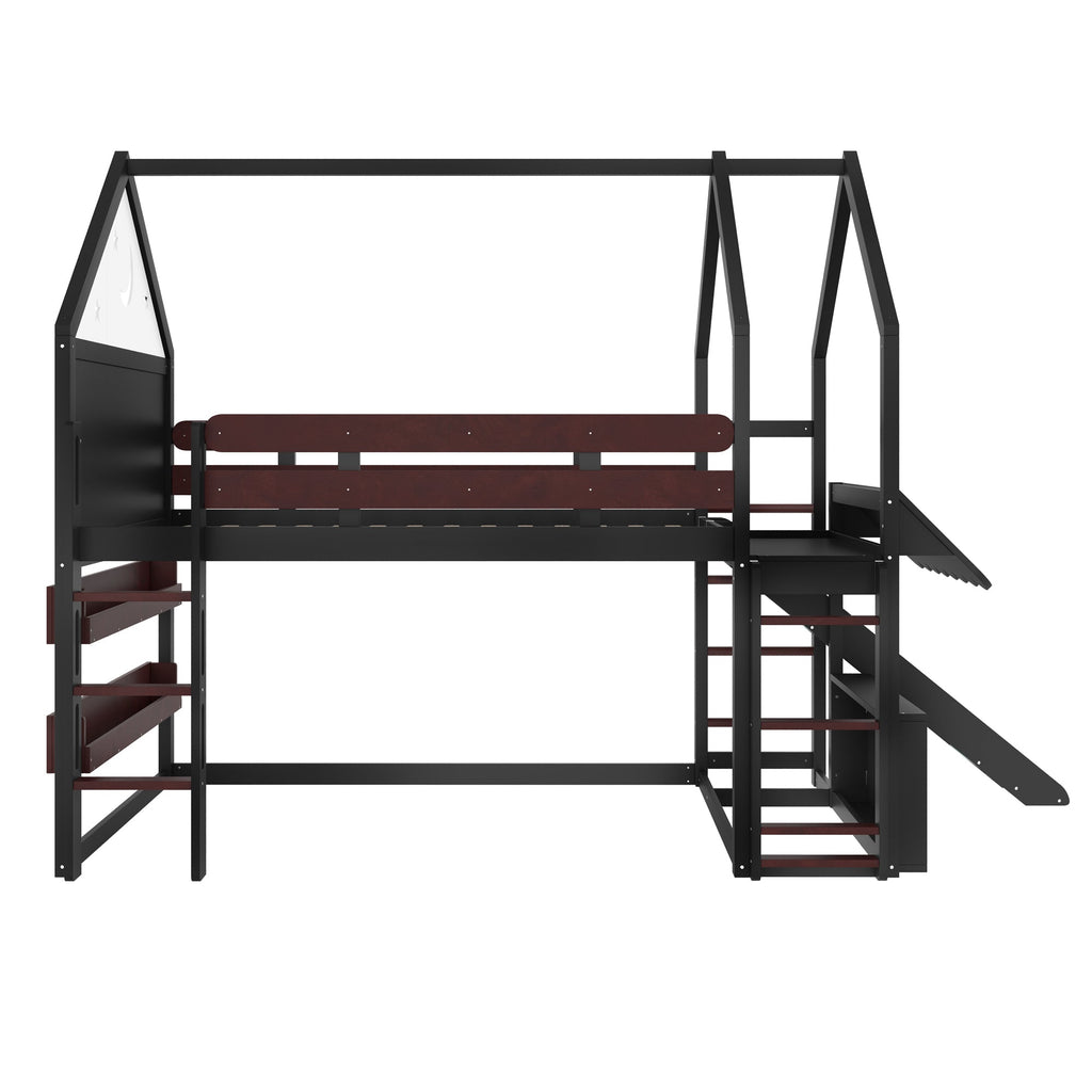 Full Size Loft Bed with Bookshelf Playful Design for Kids House-Shaped Structure with Slide High-Quality Safety Rails,Black.