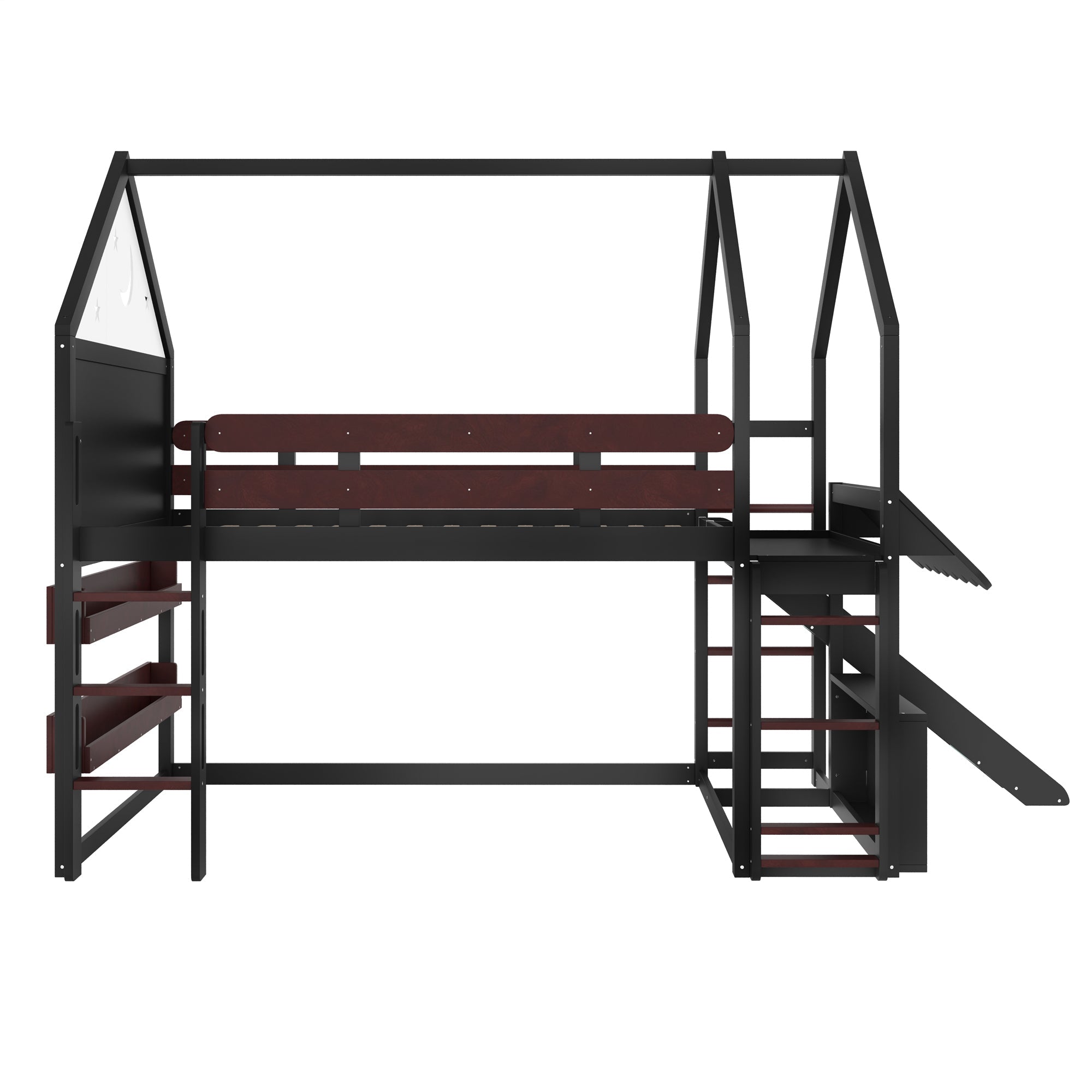 Full Size Loft Bed with Bookshelf Playful Design for Kids House-Shaped Structure with Slide High-Quality Safety Rails,Black.