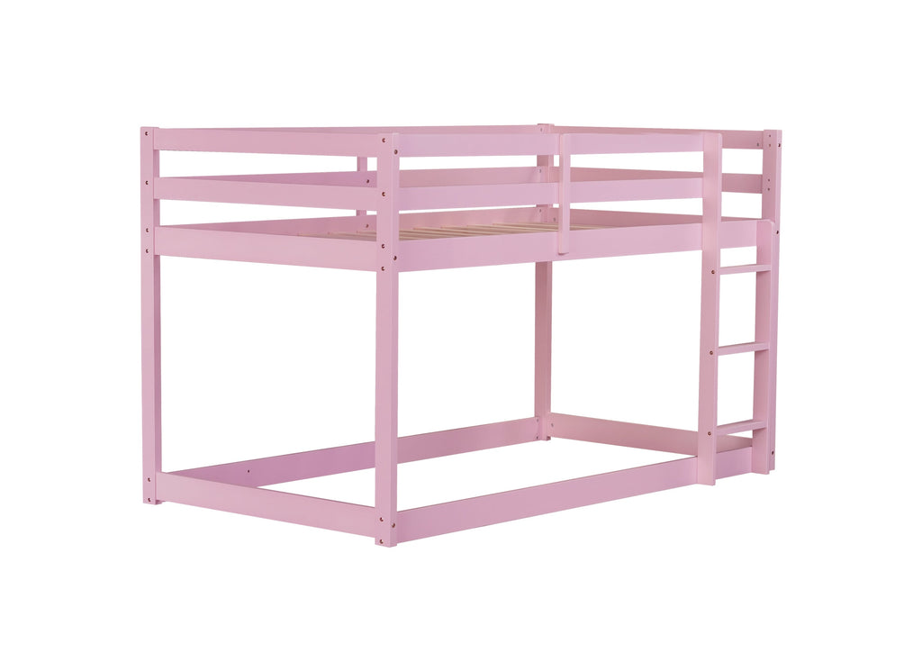 Solid Wooden, Solid Rubber Wooden Twin over Twin Floor Bunk Bed with Ladder, with Bed Platform of Strengthened Slats , Pink