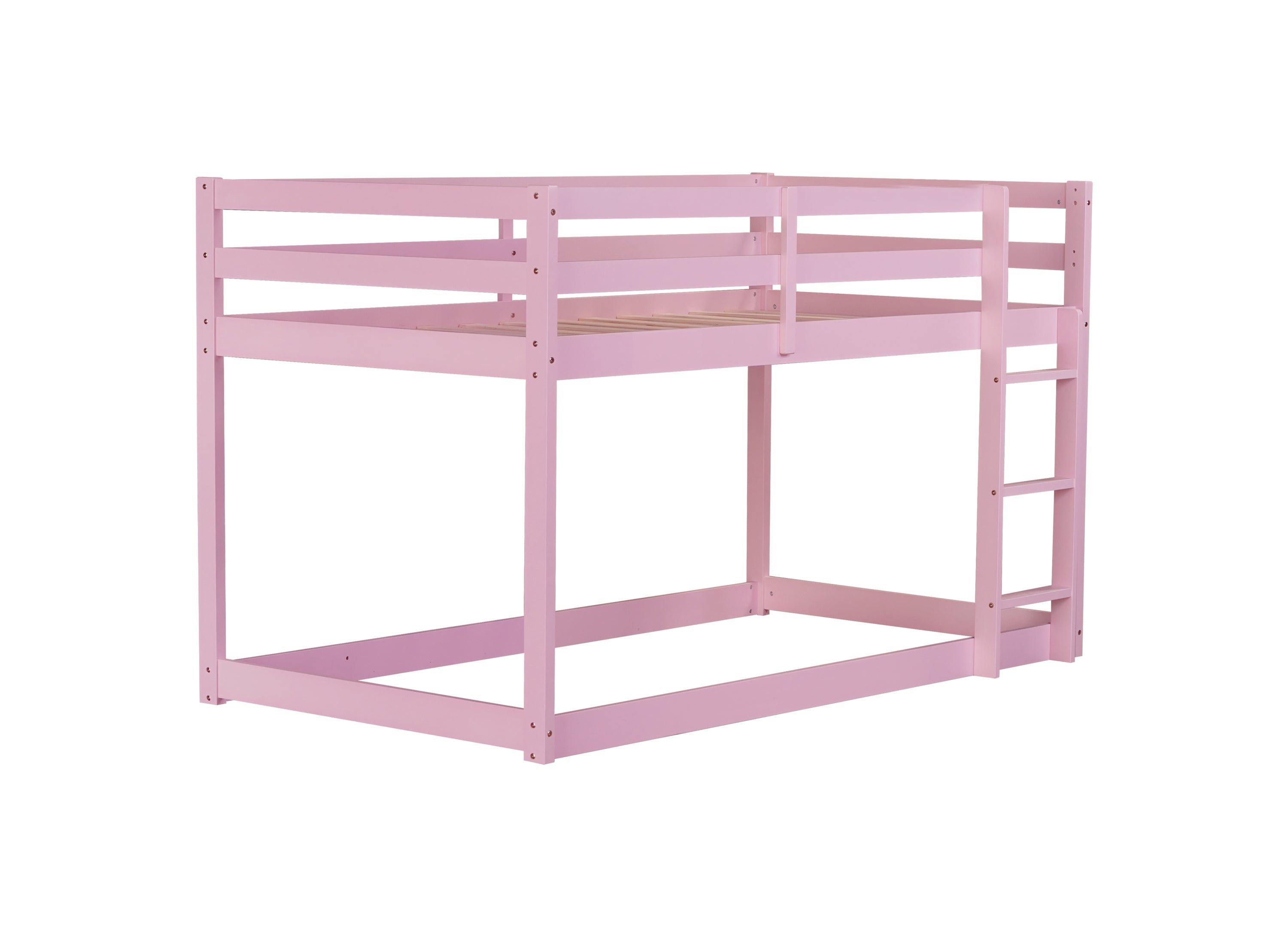 Solid Wooden, Solid Rubber Wooden Twin over Twin Floor Bunk Bed with Ladder, with Bed Platform of Strengthened Slats , Pink