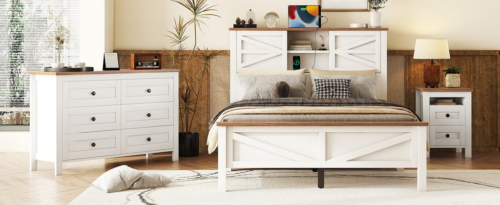 3-Pieces Bedroom Sets Full Size Farmhouse Platform Bed with Double Sliding Door Storage Headboard and Charging Station, Storage Nightstand and Dresser, White+Brown(Old SKU HL000091AAK)