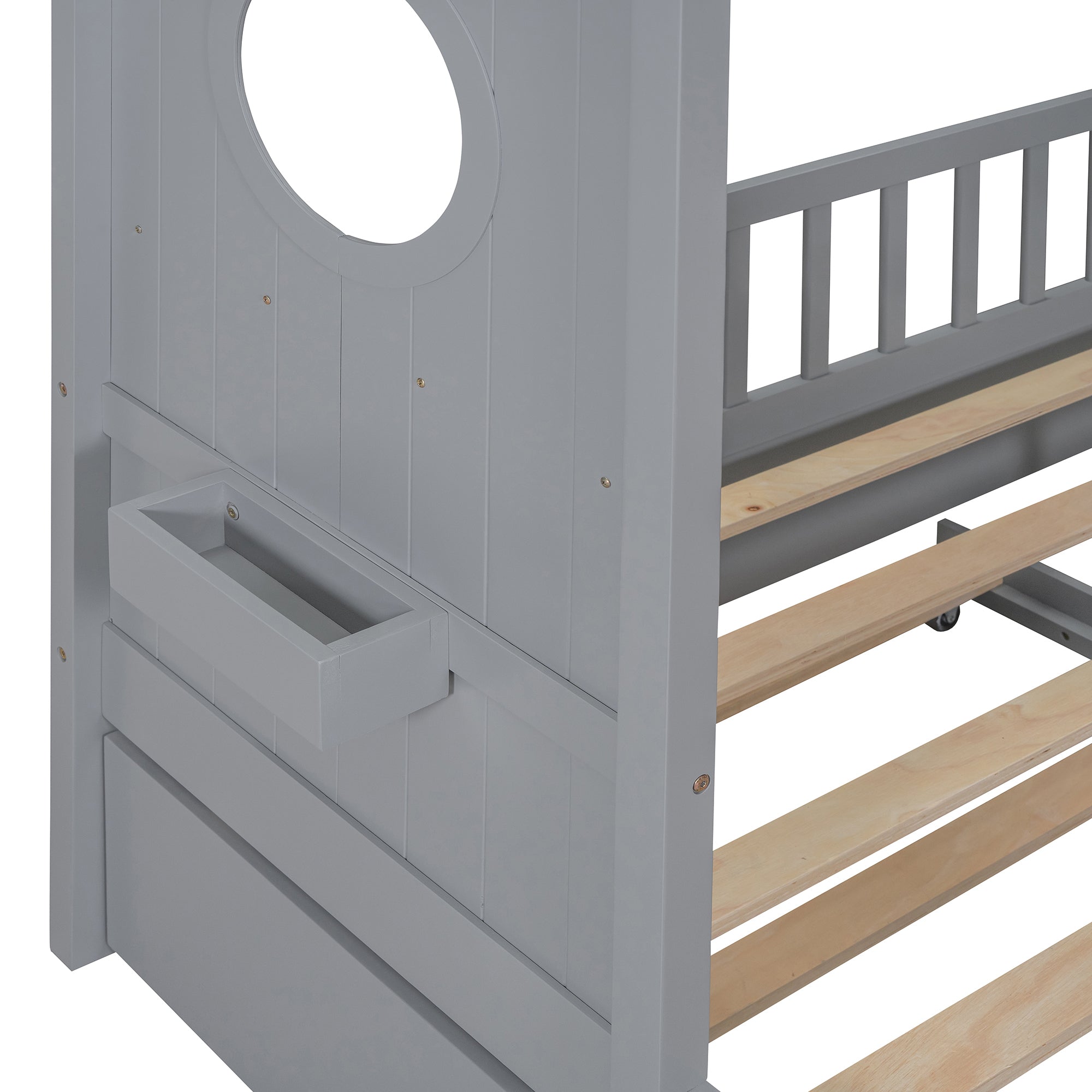 Wooden Full Size House Bed With Trundle, Modern Design for Kids with Storage Shlef, Gray(old SKU HL000095AAE)