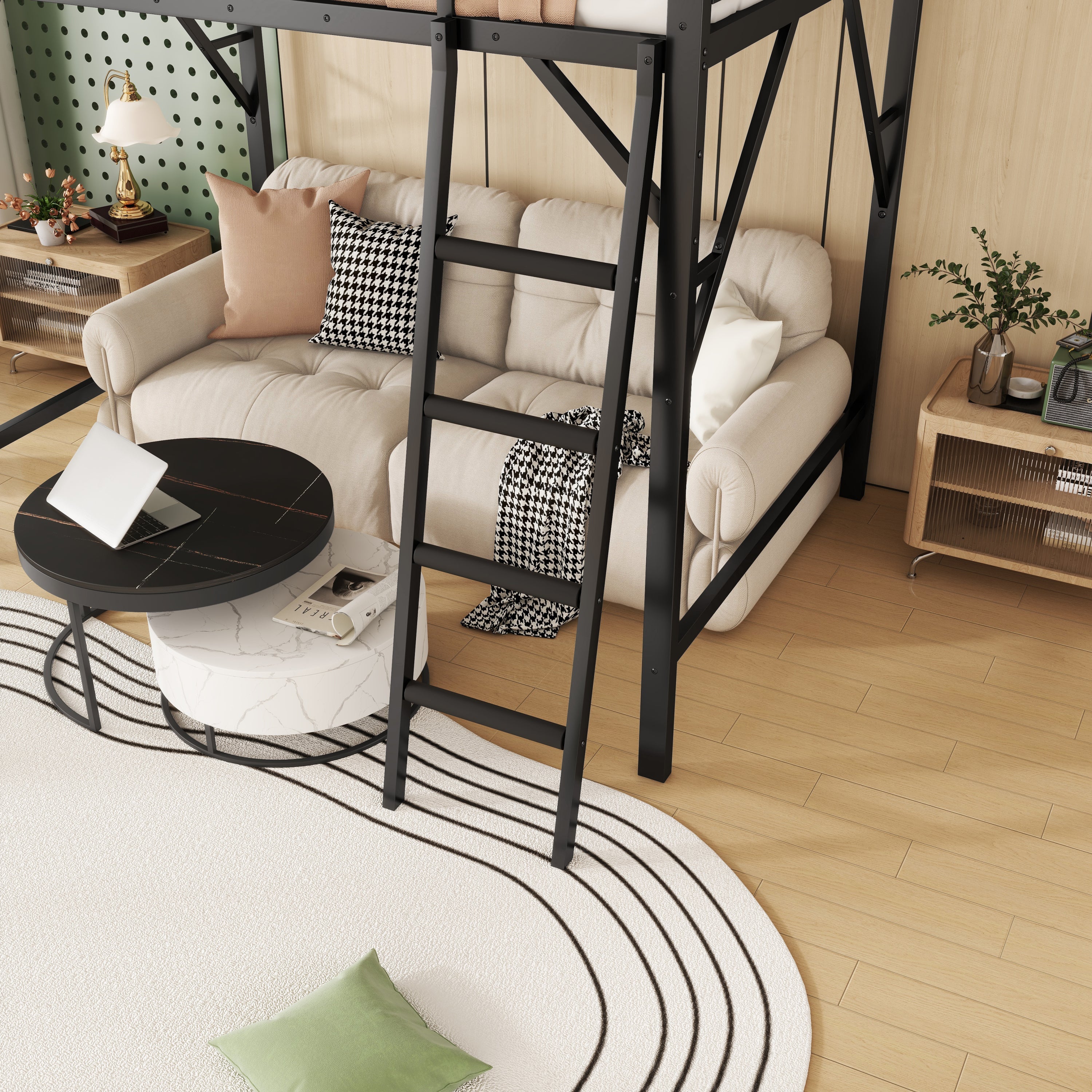 Queen Size Loft Bed with Ladder, Metal Queen Loft Bed with Storage Shelves, High Loft Bed for Kids Teens, Black(Expect Arrival Date 2025/12/3, Old SKU W2580P353530)