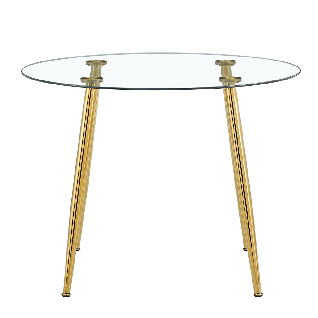 A glass tabletop with a diameter of 40 inches and a modern minimalist circular dining table with gold plated metal legs. 40 '* 40' * 30 ' DT-1164.W1151S00375