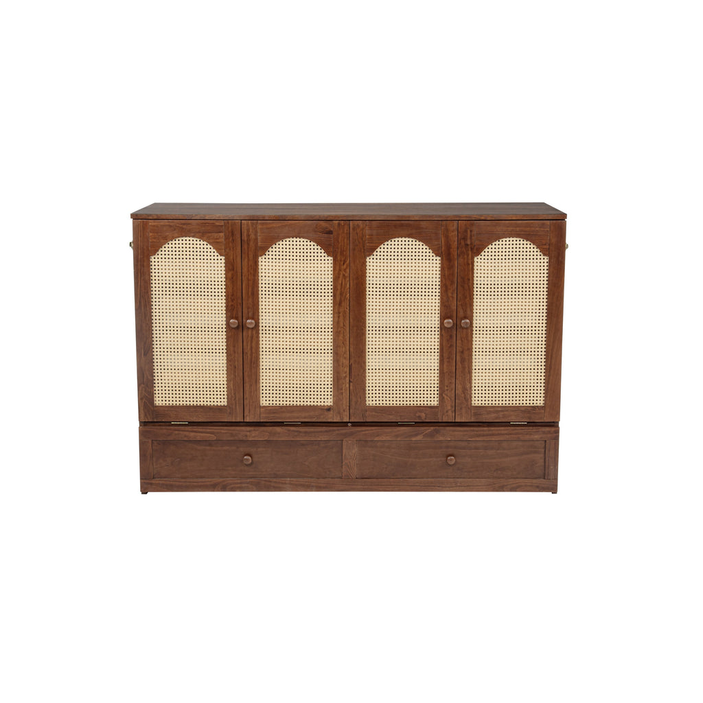 Queen Size Murphy Bed, Pine Wood Cabinet Bed with Power Station and Rattan Decoration Panel,Walnut