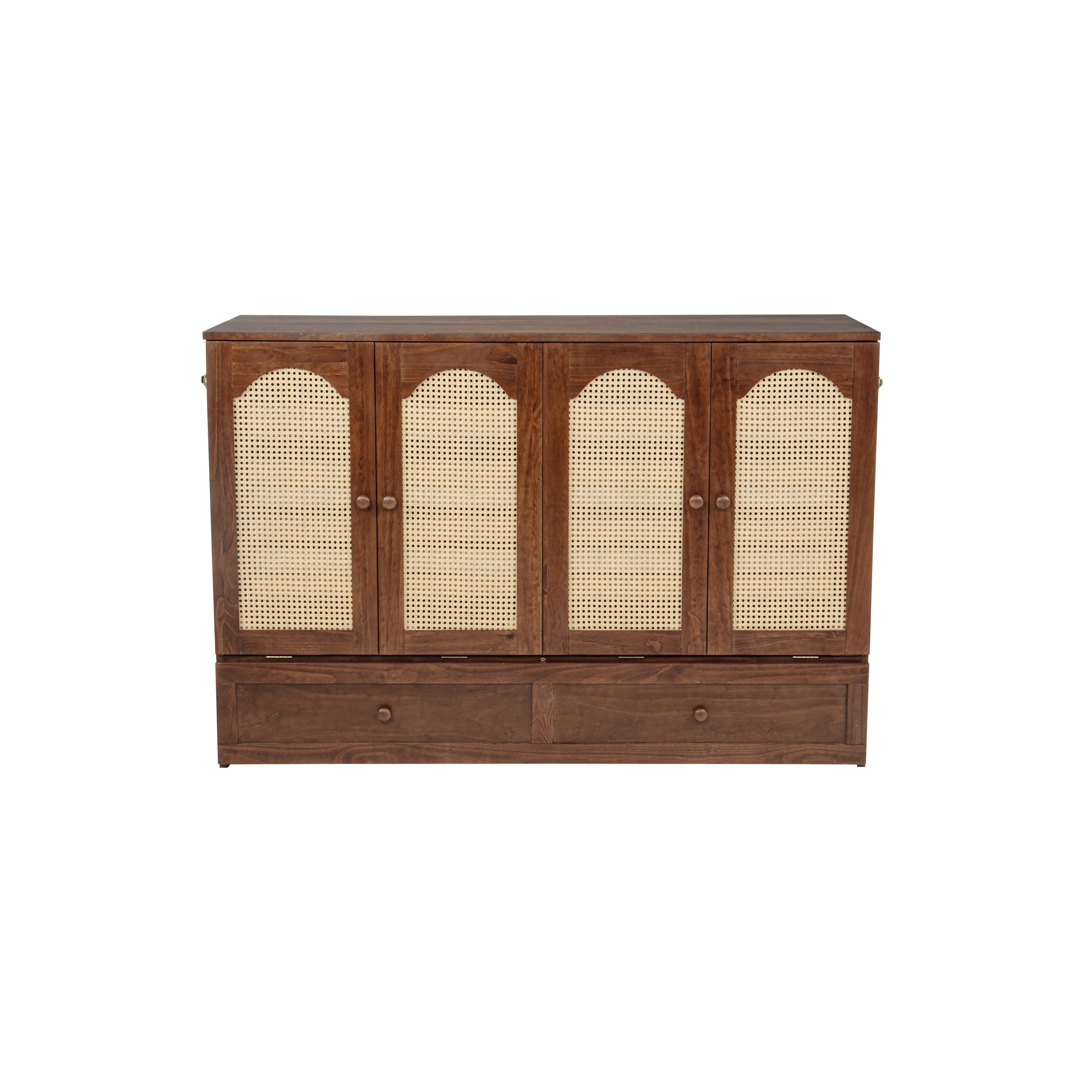 Queen Size Murphy Bed, Pine Wood Cabinet Bed with Power Station and Rattan Decoration Panel,Walnut