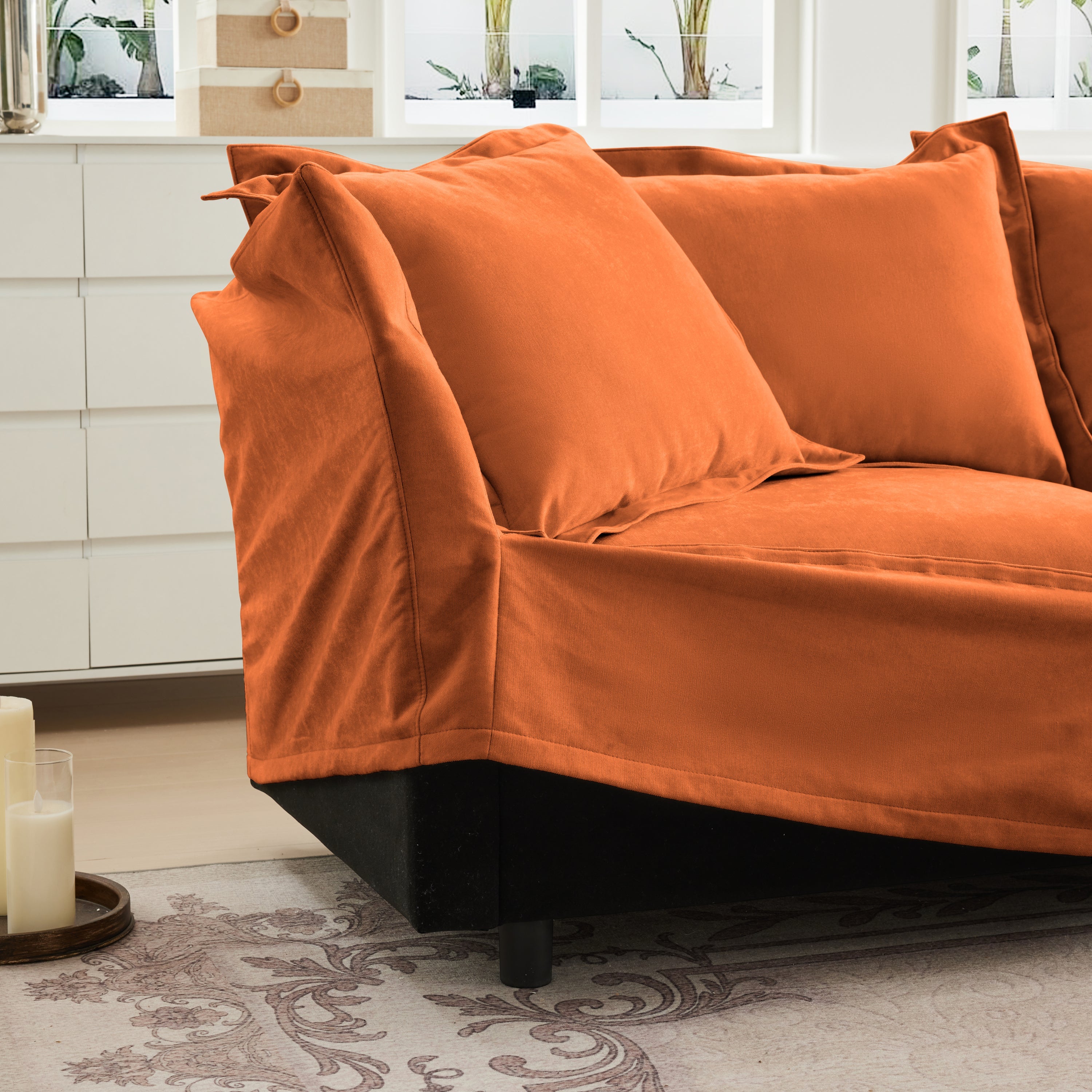 Slip-covered Armchair with 1 Big Back Cushion and 2 Big Toss Pillows, Single Deep Seat Comfy Single Couch Sofa Multiple Large Soft Pillows, Chenille Fabric, Orange