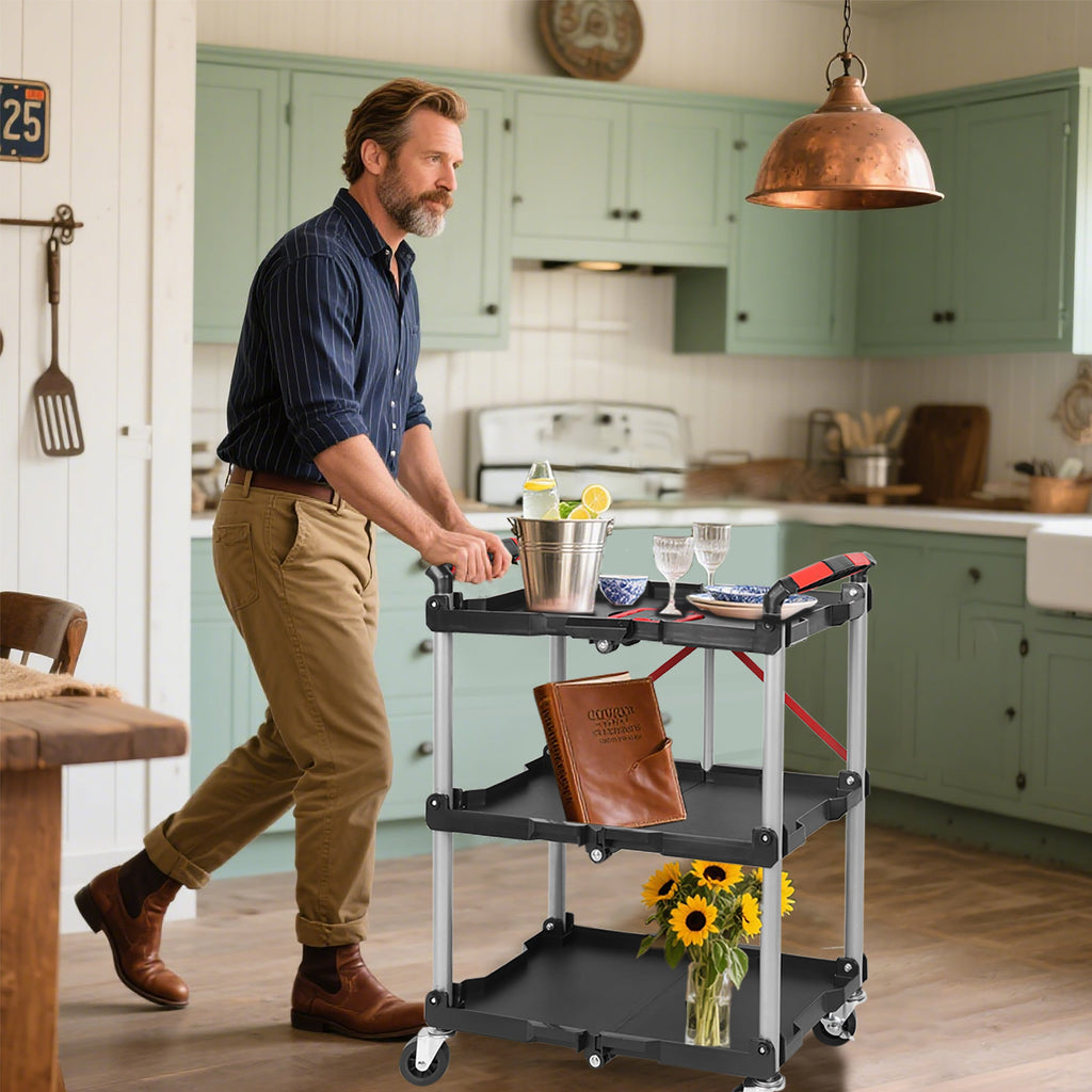 Foldable Utility Service Cart,  3 Shelf Heavy Duty Plastic Rolling Cart with 360° Swivel Wheels (2 with Brakes), Ergonomic Handle, Portable Garage Tool Cart for Warehouse Office Home