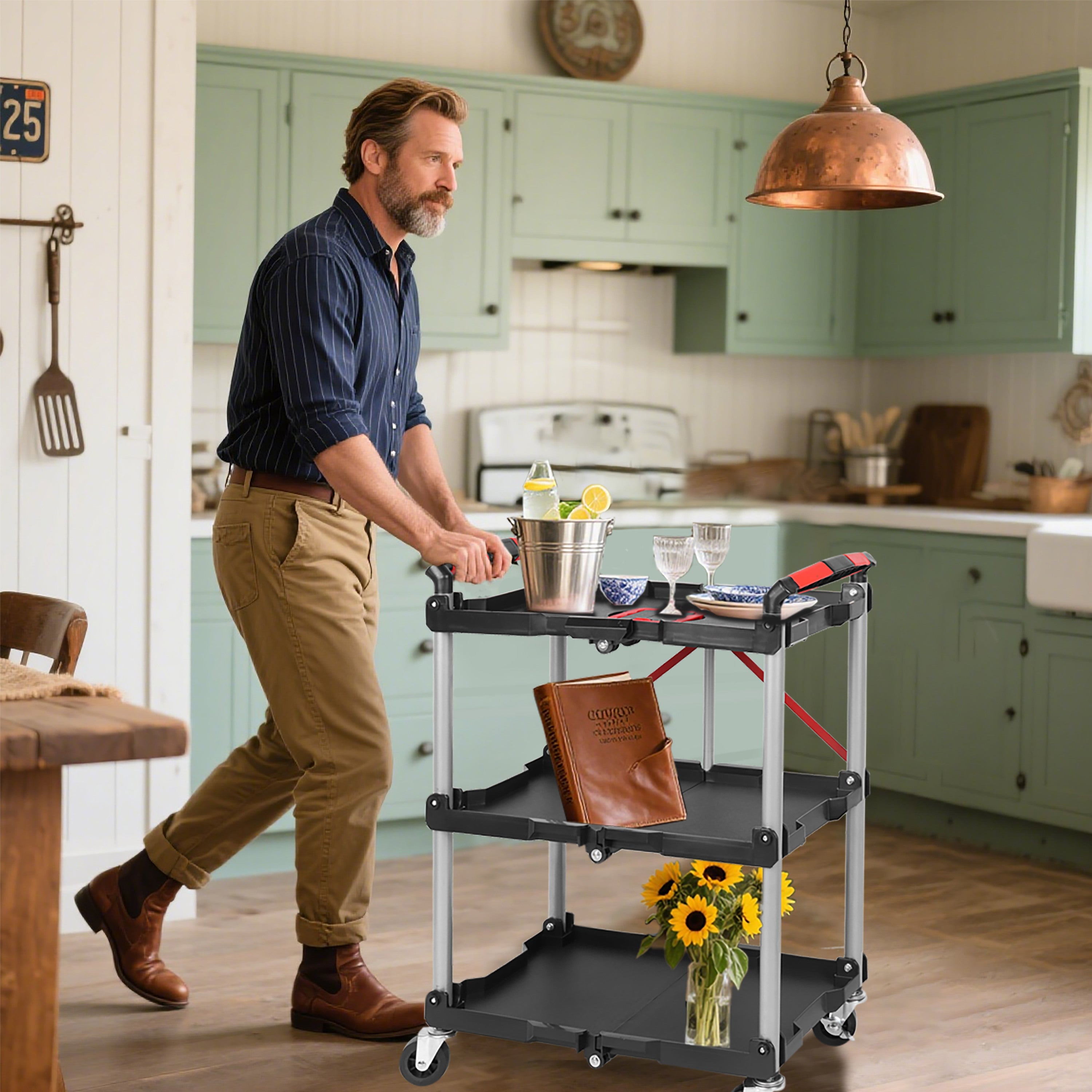 Foldable Utility Service Cart,  3 Shelf Heavy Duty Plastic Rolling Cart with 360° Swivel Wheels (2 with Brakes), Ergonomic Handle, Portable Garage Tool Cart for Warehouse Office Home