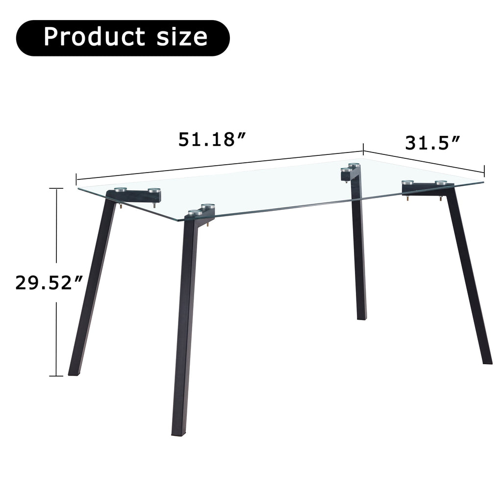Modern Minimalist Rectangular Glass Dining Table with 0.31' Tempered Glass Tabletop and Black Coating Metal Legs, Writing Table Desk, for Kitchen Dining Living Room, 51' W x 31'D x 30' H.W1151S01839
